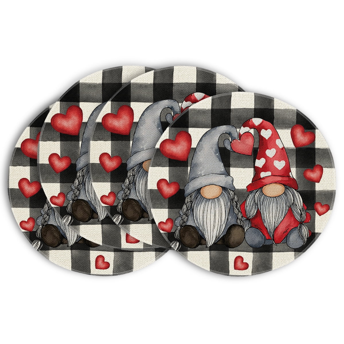 Sm:)e Buffalo Plaid Hearts Gnomes Love Valentine Round Placemats Set of 4, 15 Inch