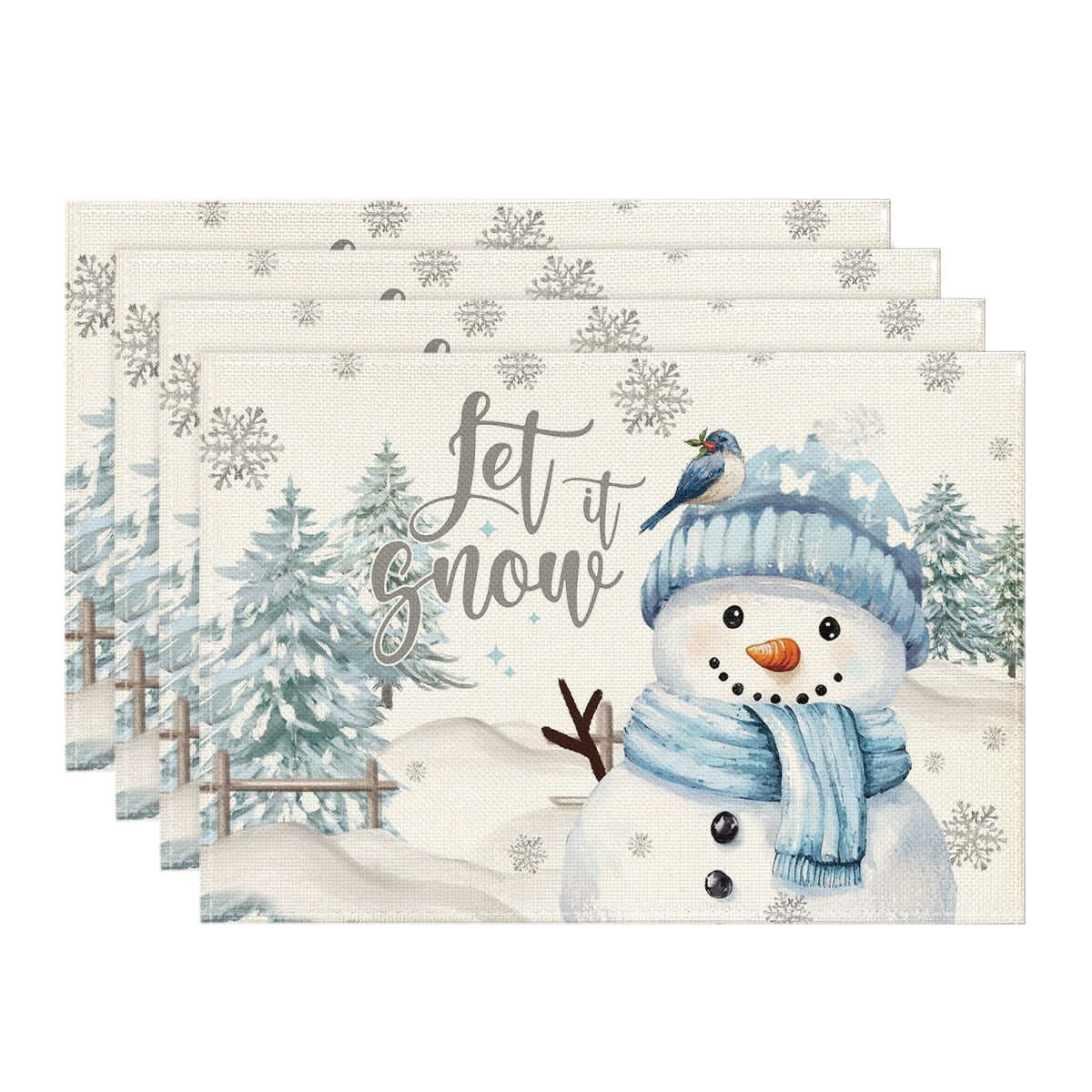 Smile Xmas Trees Let It Snow Blue Snowman Christmas Placemats Set of 4, 12x18 Inch Winter Table Mats