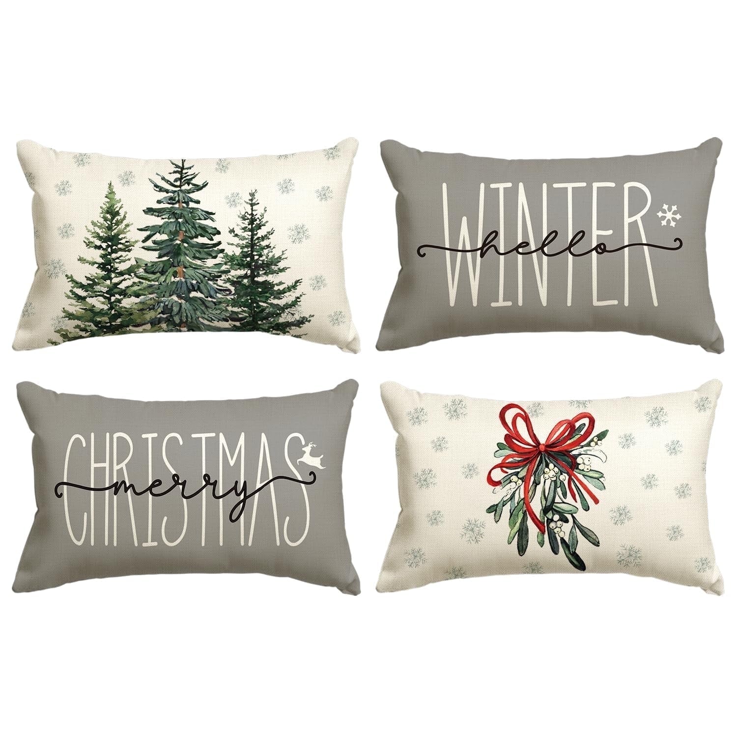 Sm:)e Merry Christmas Tree Hello Winter Throw Pillow Covers, 12 x 20 Inch, Mistletoe Pine Spruce Holiday Cushion Case Decoration for Sofa Couch Set of 4