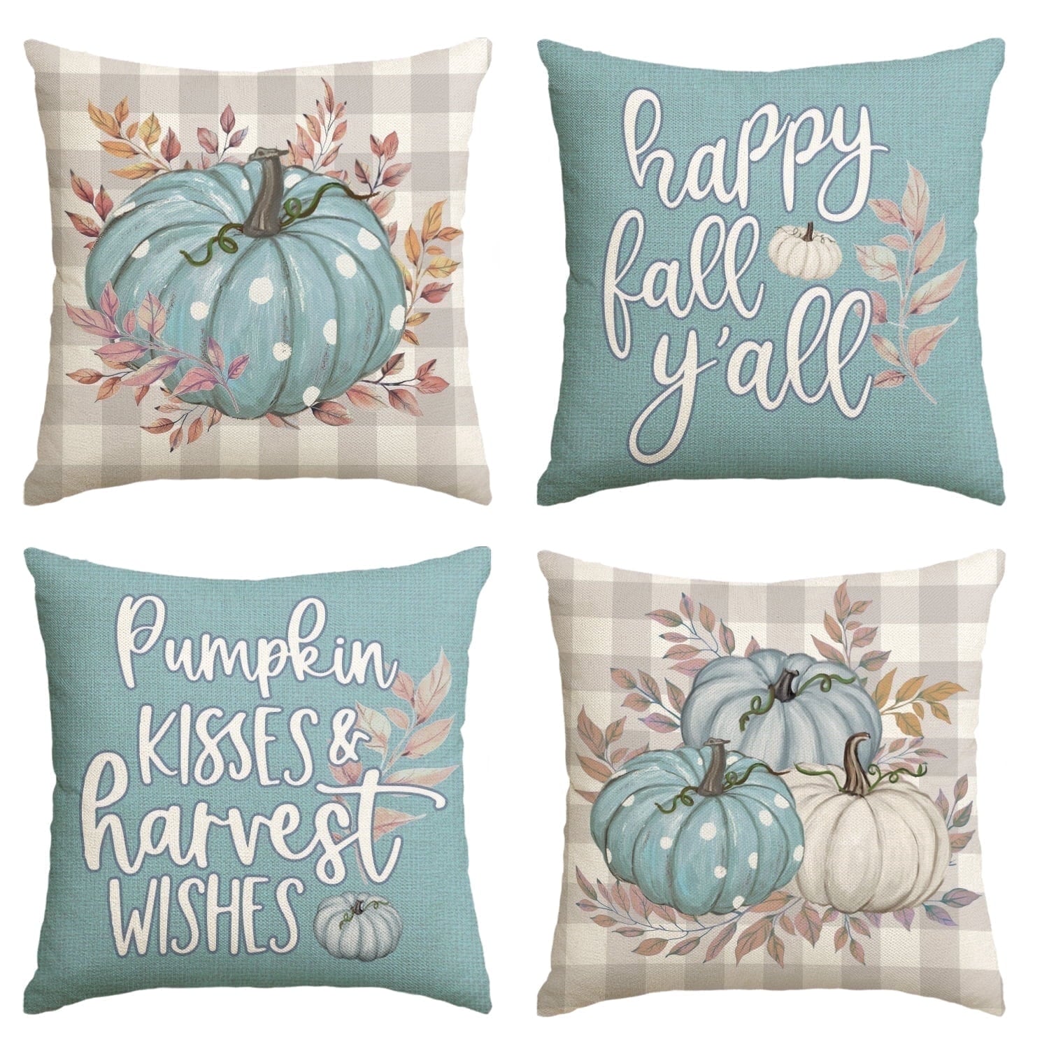 Sm:)e Fall Thanks Pumpkin Leaves Throw Pillow Covers, 20x20 Inch Thanksgiving Polka Dot Sofa Decorations Set of 4, Blue