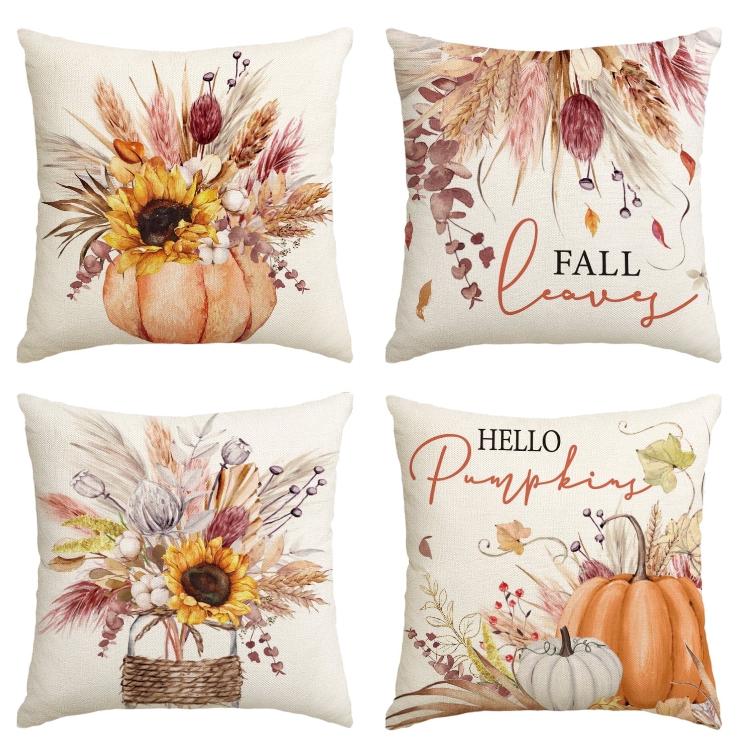 Sm:)e Fall Pumpkin Wheat Cotton Sunflower Jar Autumn Thanksgiving Throw Pillow Covers, 16 x 16 Inch Seasonal Cushion Case for Sofa Couch Set of 4