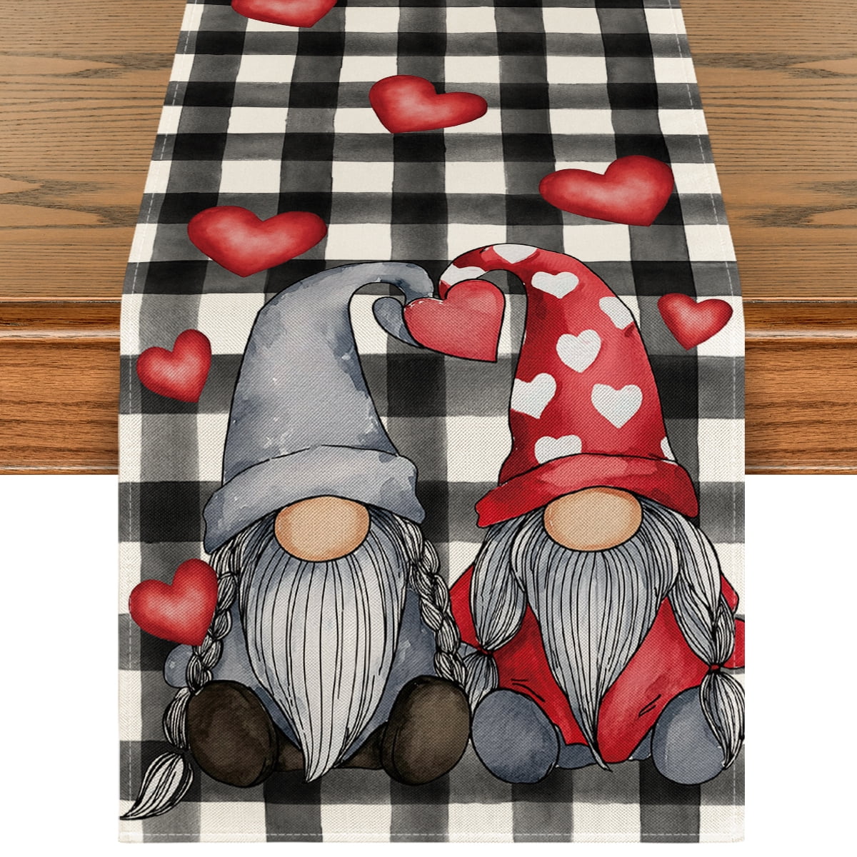 Sm:)e Watercolor Buffalo Plaid Love Heart Gnomes Valentine's Day Table Runner 13 x 108 Inch