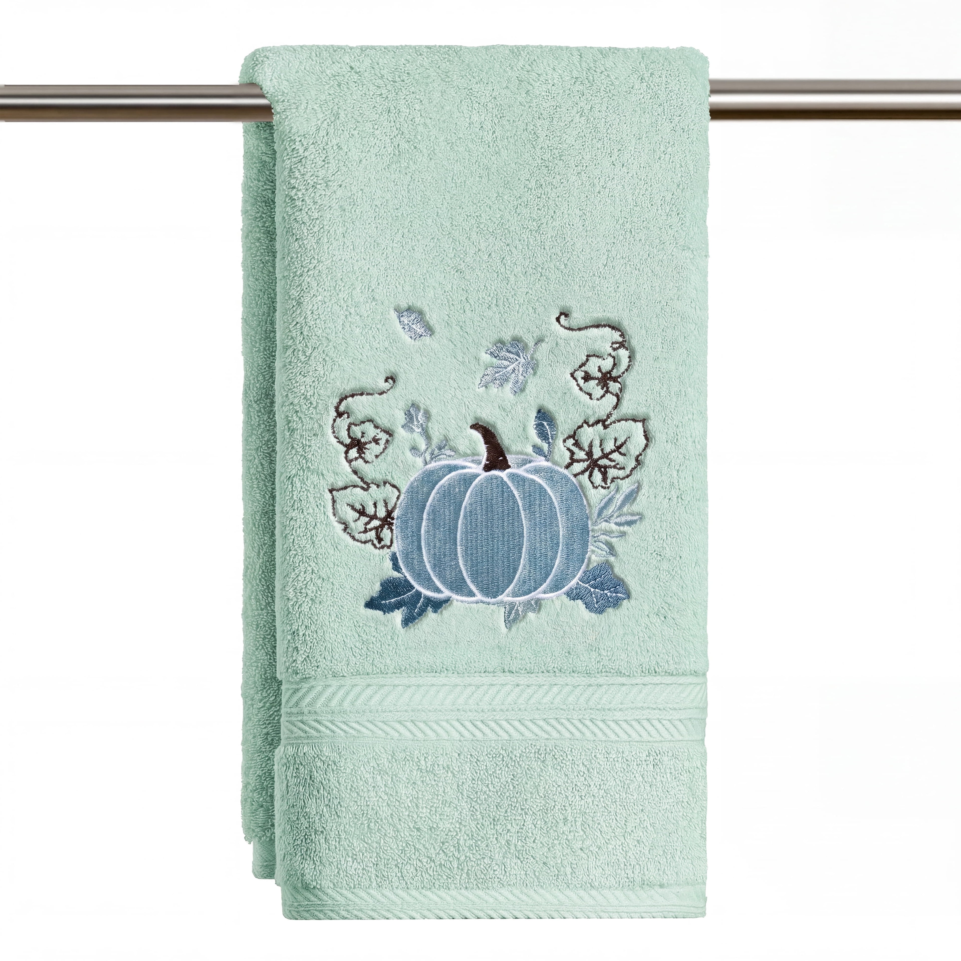Sm:)e 1 Pc Maple Foliage Vine Blue Pumpkin Embroidered Fall Hand Towel, 100% Cotton Absorbent Kitchen Cleaning Towel, 18 x 26 Inch
