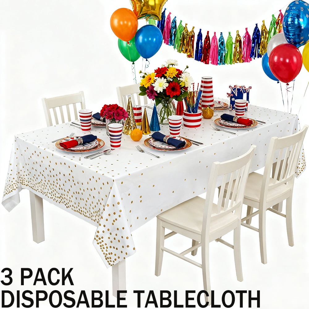 Plastic Table Cloth Disposable 3 Pack, 54 x 108 Inch, White, Black Dot, for Party Picnic Wedding