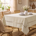 Sm:)e Fabric Openwork Farmhouse Style Linen Tablecloth 60 x 84 Inch Rectangle, Classic Table Cover for Dinner/Party Decoration/Holiday, Beige
