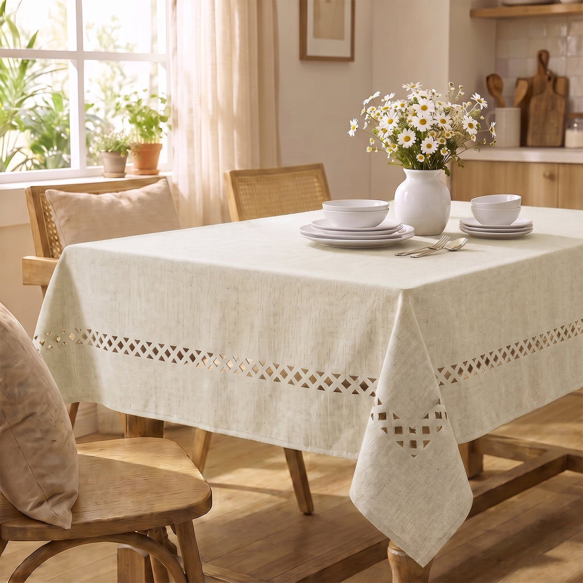 Sm:)e Fabric Openwork Farmhouse Style Linen Tablecloth 60 x 84 Inch Rectangle, Classic Table Cover for Dinner/Party Decoration/Holiday, Beige
