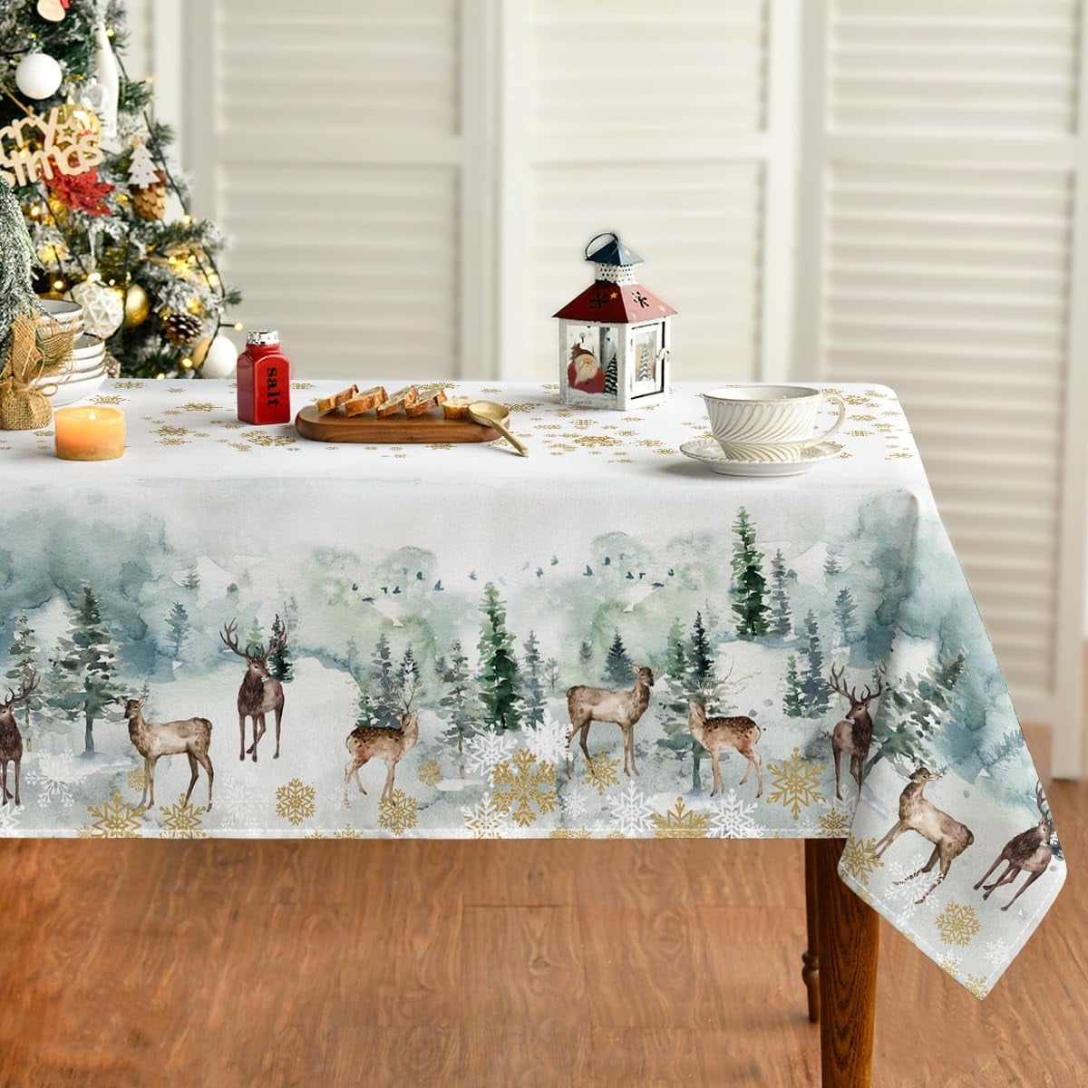 Sm:)e Christmas Tablecloth 60x120 Inch, Golden Snow Deers Washable Table Cover for Party Picnic Dinner Decor