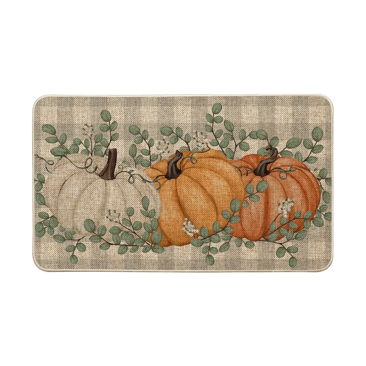 Sm:)e Blue Buffalo Plaid Pumpkin Eucalyptus Fall Doormat, Autumn Home Decor Low-Profile Switch Rug Door Mat Floor Mat for Indoor Outdoor 17x29 Inch