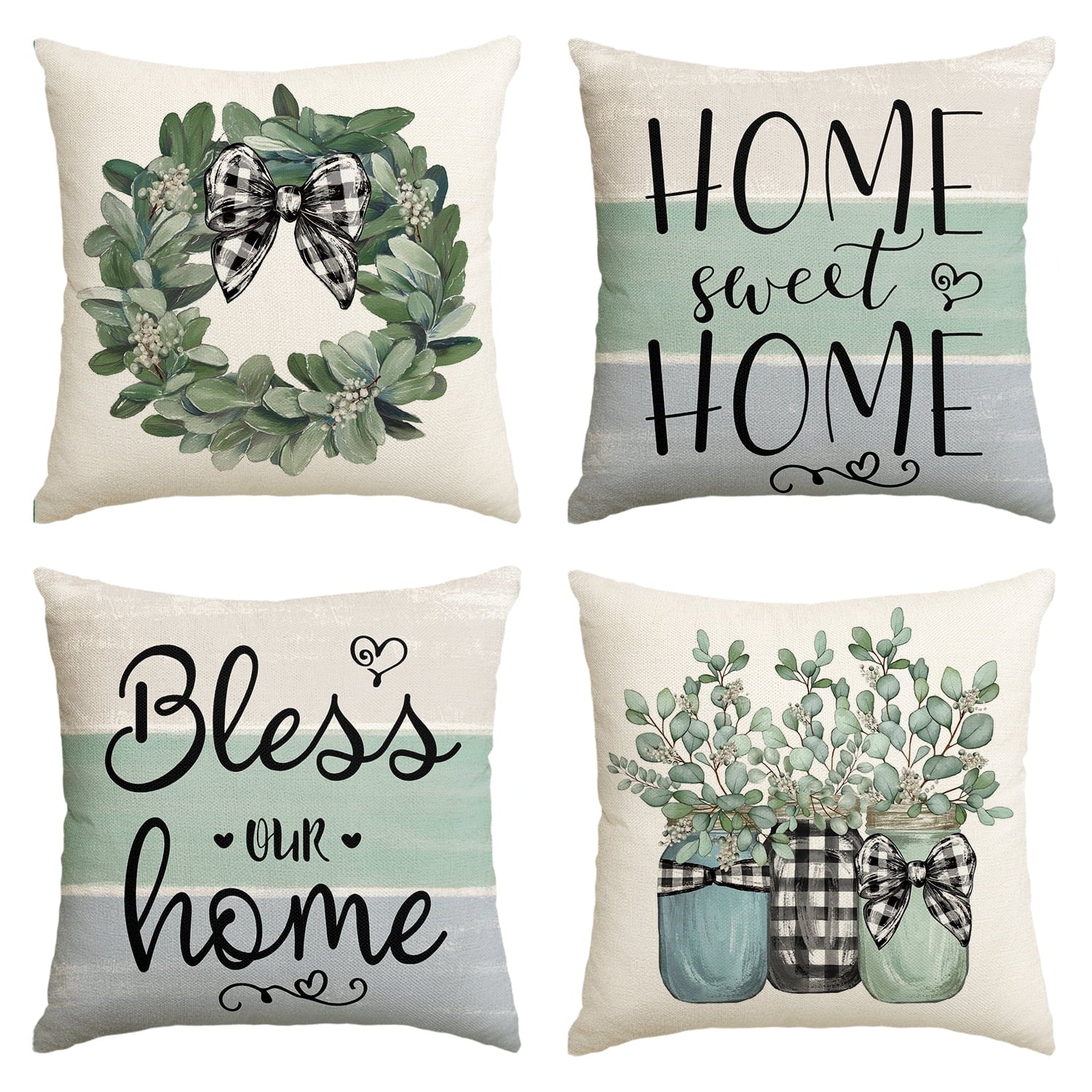 Sm:)e Bless Our Sweet Home Eucalyptus Wreath Throw Pillow Covers 18 x 18 Inch Set of 4 Polyester Outdoor Pillow Case for Sofa Couch