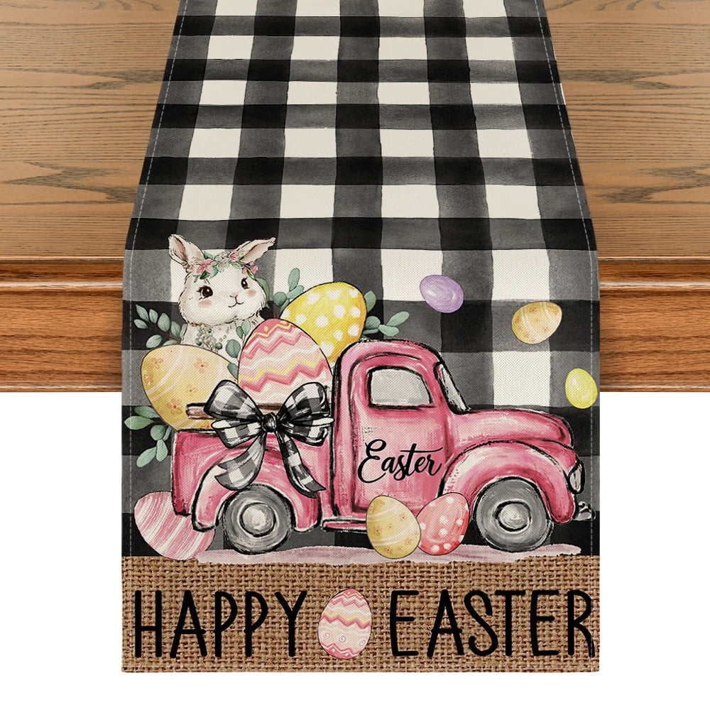 Sm:)e Easter Table Runner with Egg Truck 13 x 72 Inch, White and Black Buffalo Plaid Spring Kitchen Decor