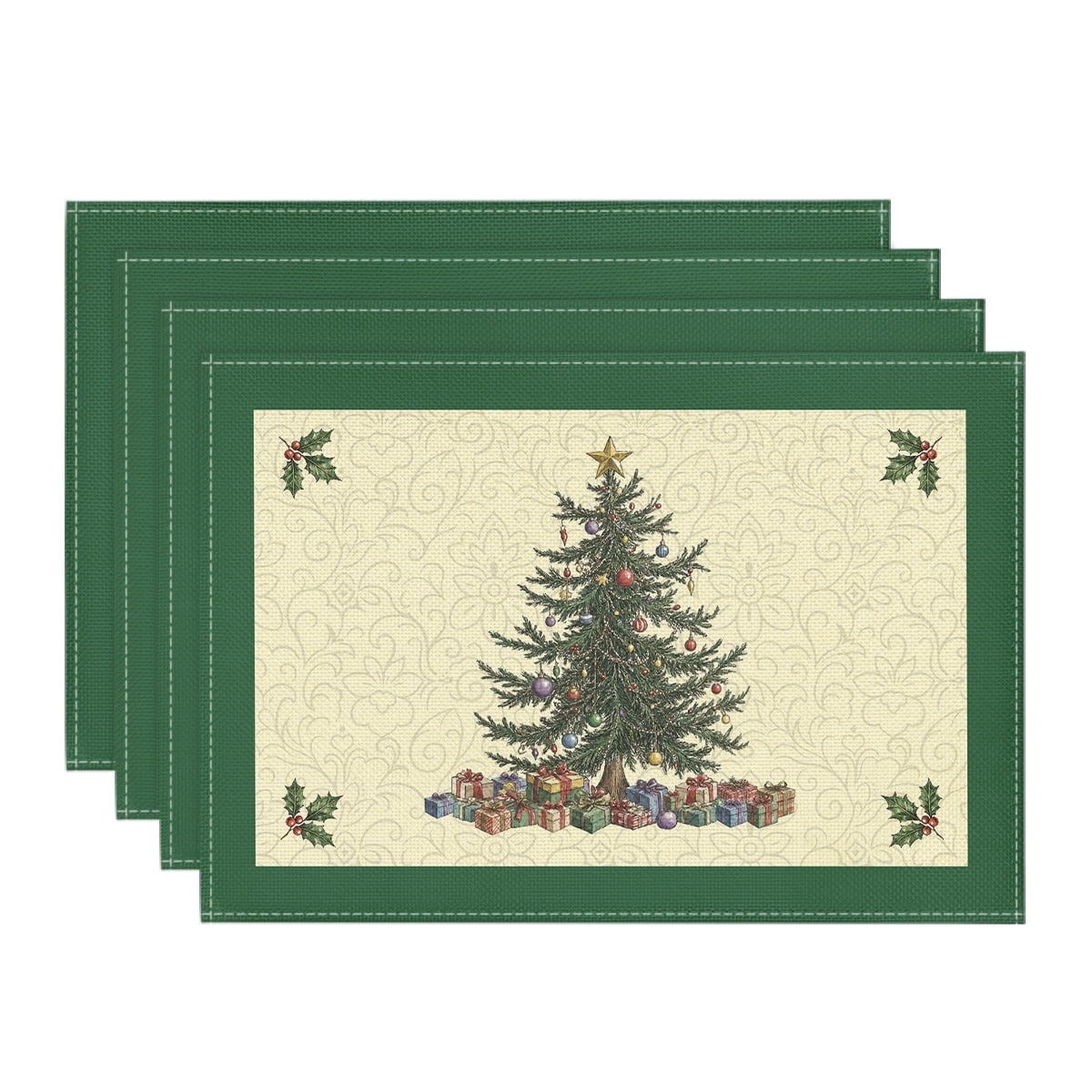Sm:)e Simple Vintage Christmas Tree Gift Box Holly Christmas Placemats 12 x 18 Inch, Set of 4, Winter Table Decor Supplies for Kitchen Dining & Holiday Party, Green
