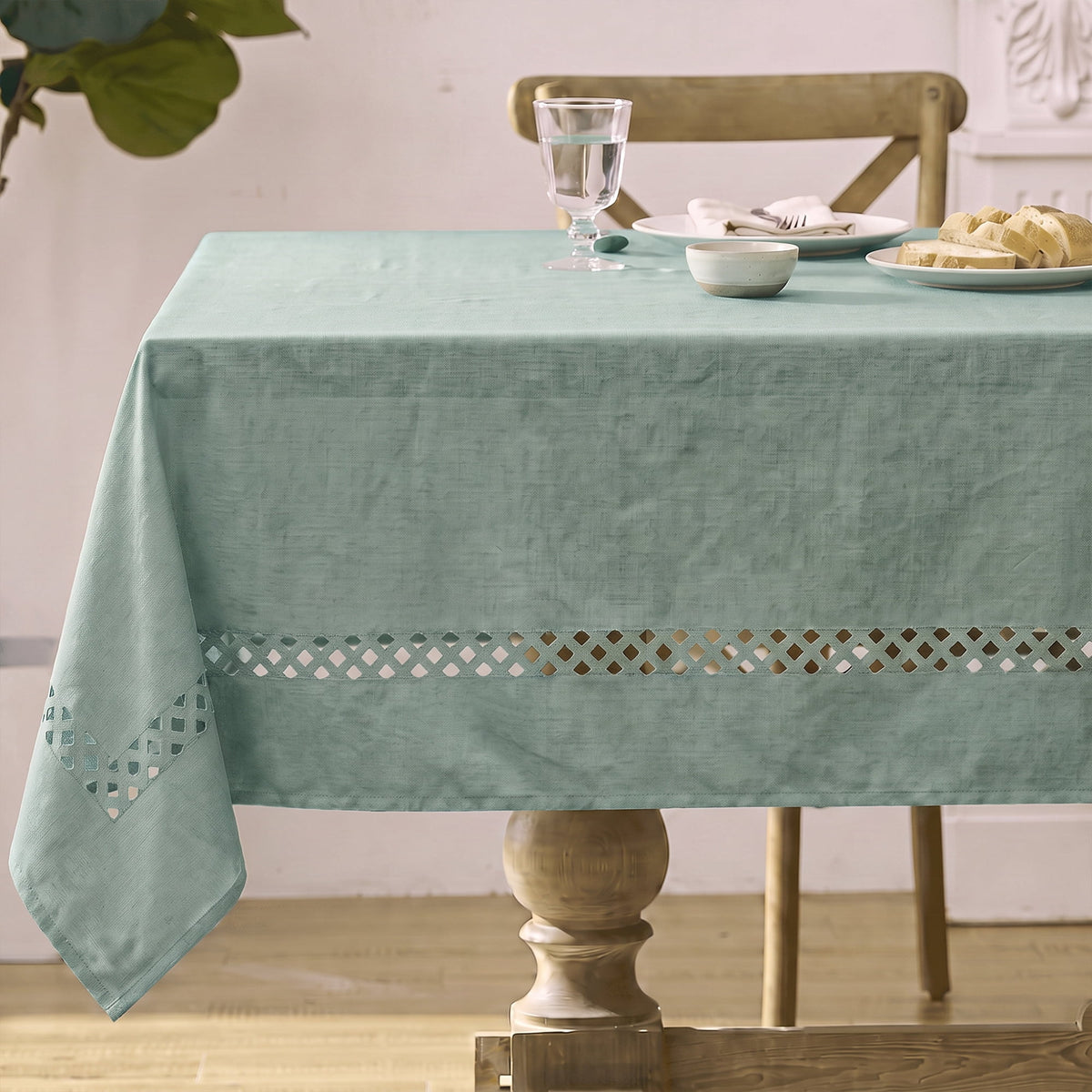 Sm:)e Fabric Openwork Farmhouse Style Linen Tablecloth 60 x 84 Inch Rectangle, with Decorative Cutouts, Sage Green
