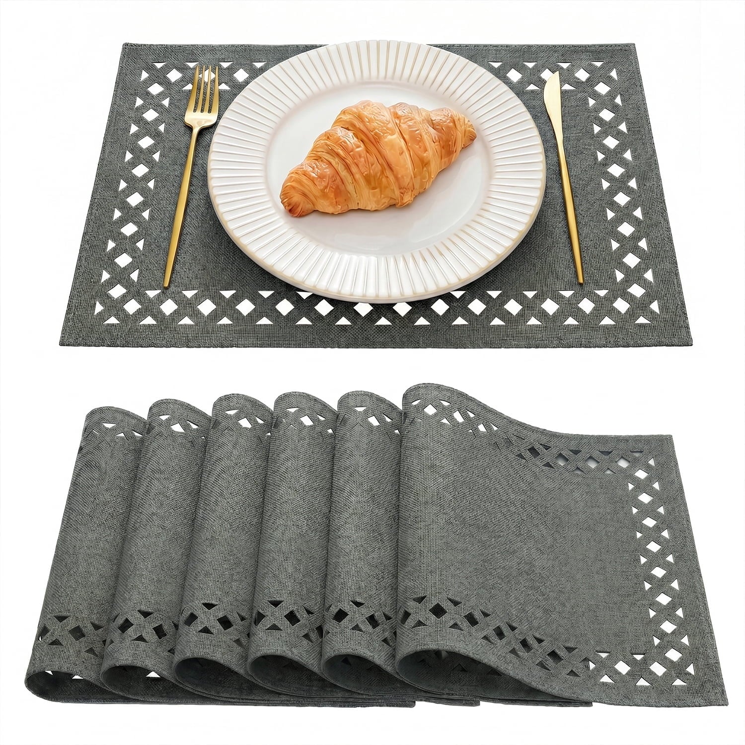 Sm:)e Hollow Out Laser Cut Grey Placemats Set of 4, Seasonal Summer Washable Kitchen Dining Table Decoration for Home Party Decor 12x18 Inch