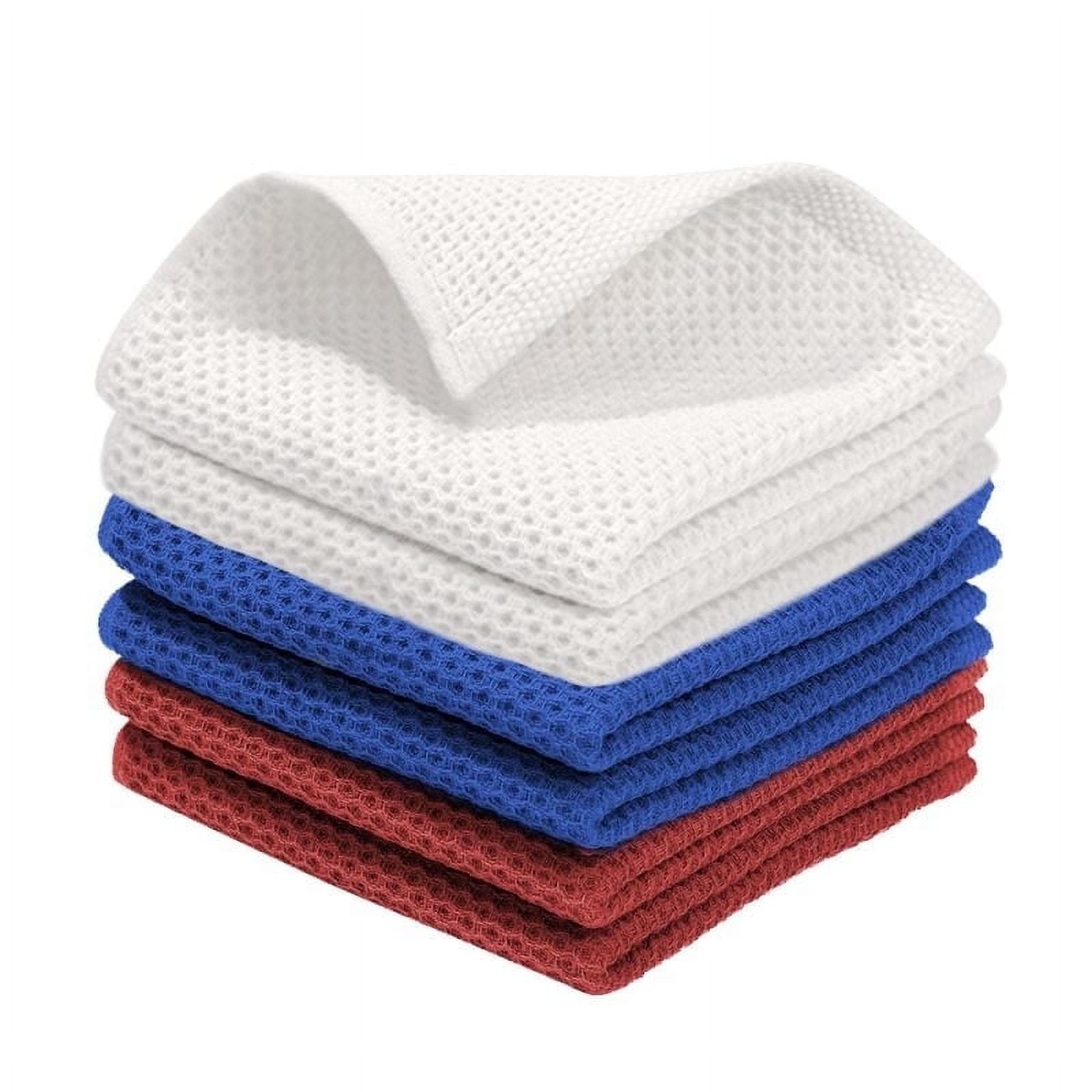 Sm:)e 100% Cotton Waffle Dishcloth, White Blue and Red, 6 Pack Soft Absorbent Quick Dry Kitchen Cleaning Towels 12x12 Inch