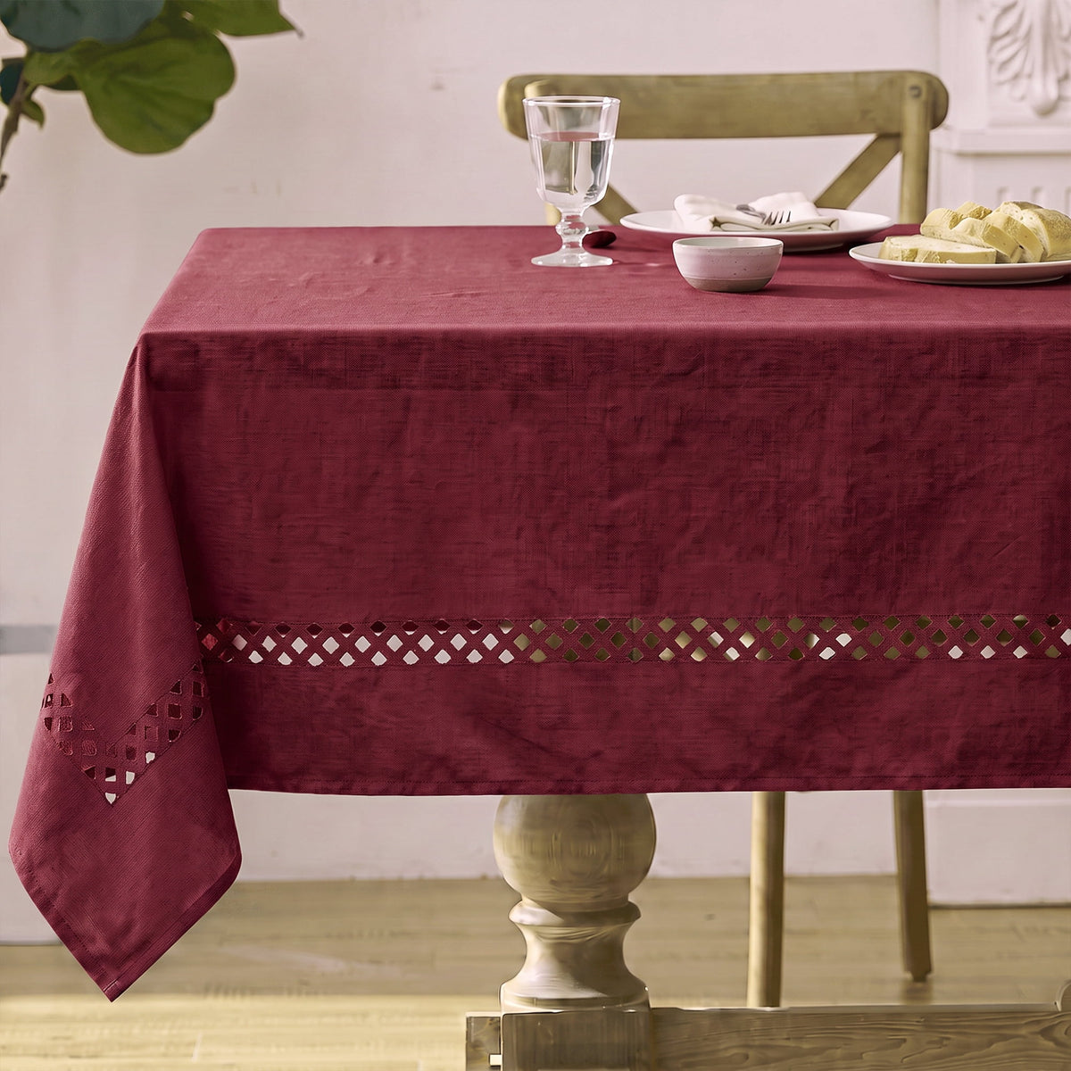 Sm:)e Fabric Openwork Farmhouse Style Linen Tablecloth 60 x 120 Inch Rectangle, with Decorative Cutouts, Red