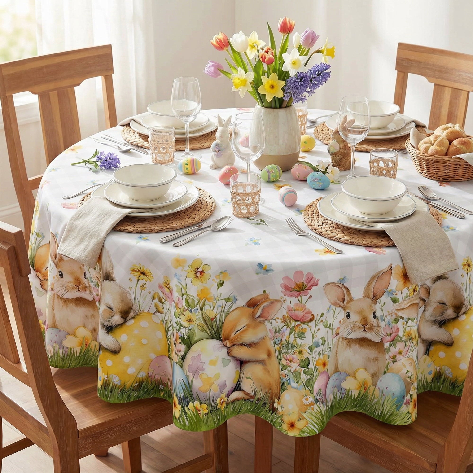 Sm:)e Spring Flowers Bunny Easter Tablecloth - Round 60 Inch Polyester, Machine Washable & Reusable Table Cover for Indoor & Outdoor Use, Buffalo Plaid