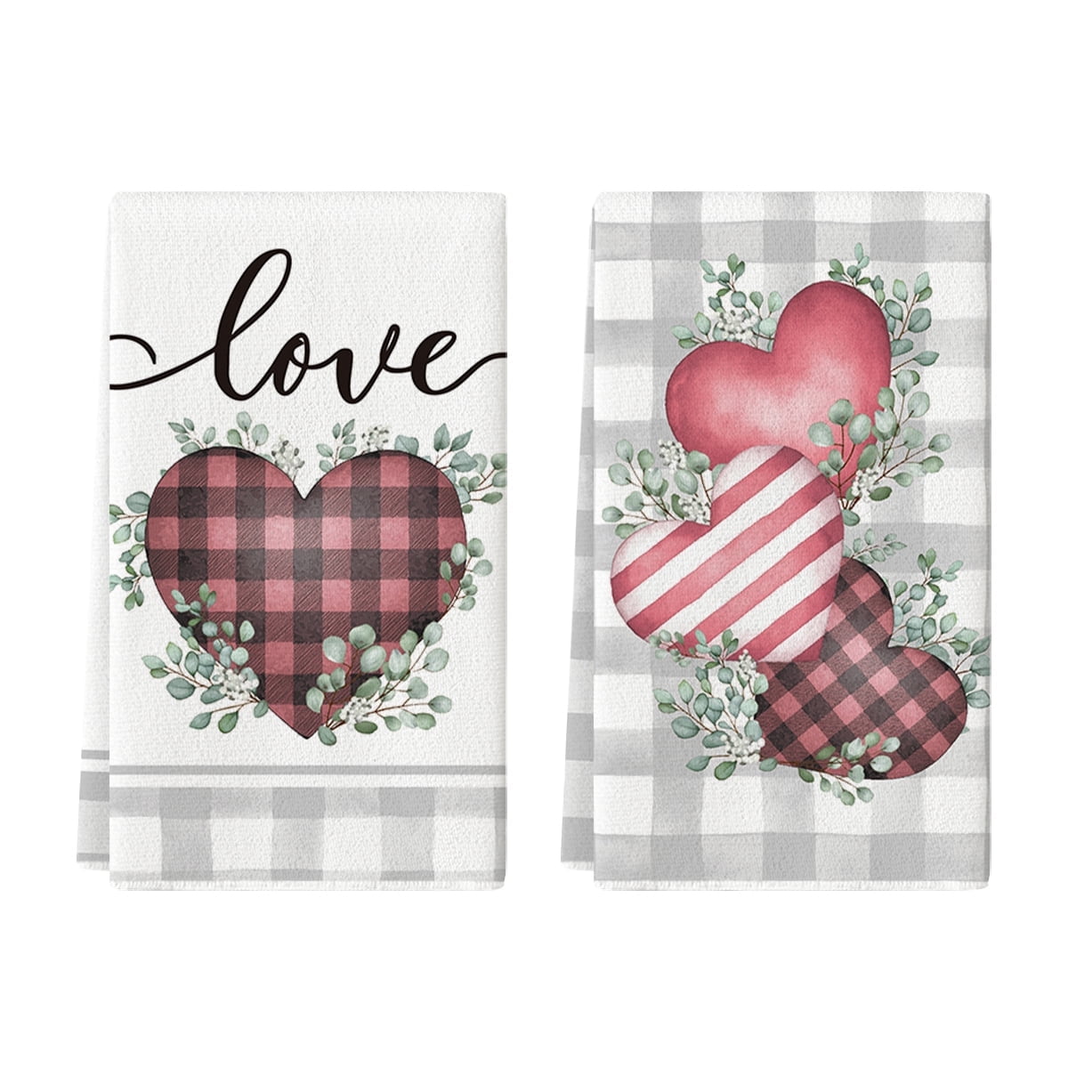 Sm:)e Valentine's Day Kitchen Dish Towels, 18x26 Inch, Set of 2, Buffalo Plaid Love Hearts Eucalyptus