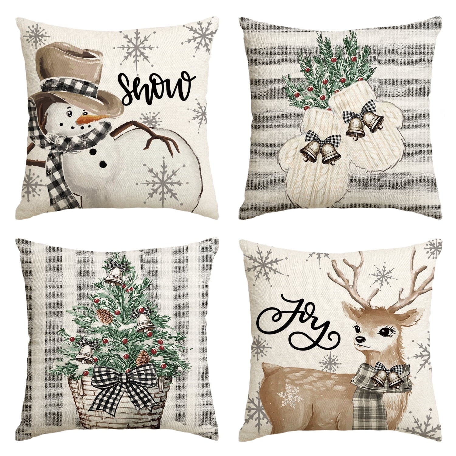 Sm:)e Christmas Throw Pillow Covers 18 x 18 Inch Set of 4, Snowman Reindeer Snowflake Gloves Eucalyptus Winter Holiday Stripes Cushion Case Decoration for Sofa Couch