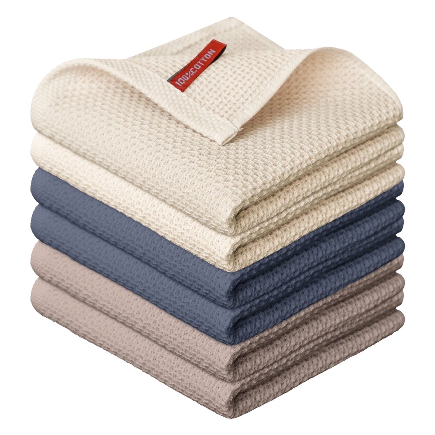 Sm:)e 100% Cotton Waffle Dishcloth, Tan and Beige, 6 Pack Soft Absorbent Quick Dry Kitchen Cleaning Towels 12x12 Inch