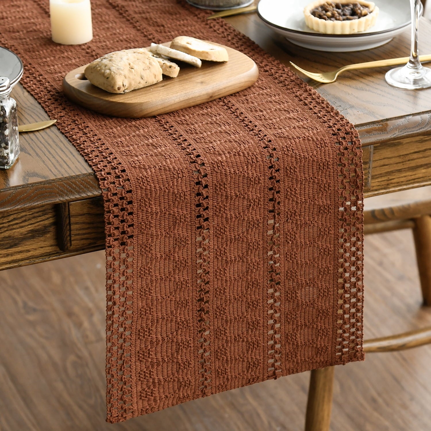 Sm:)e Caramel Farmhouse Woven Rustic Hollow Table Runner, Boho Table Runner 12 x 120 Inch, Dining Kitchen Home Decor