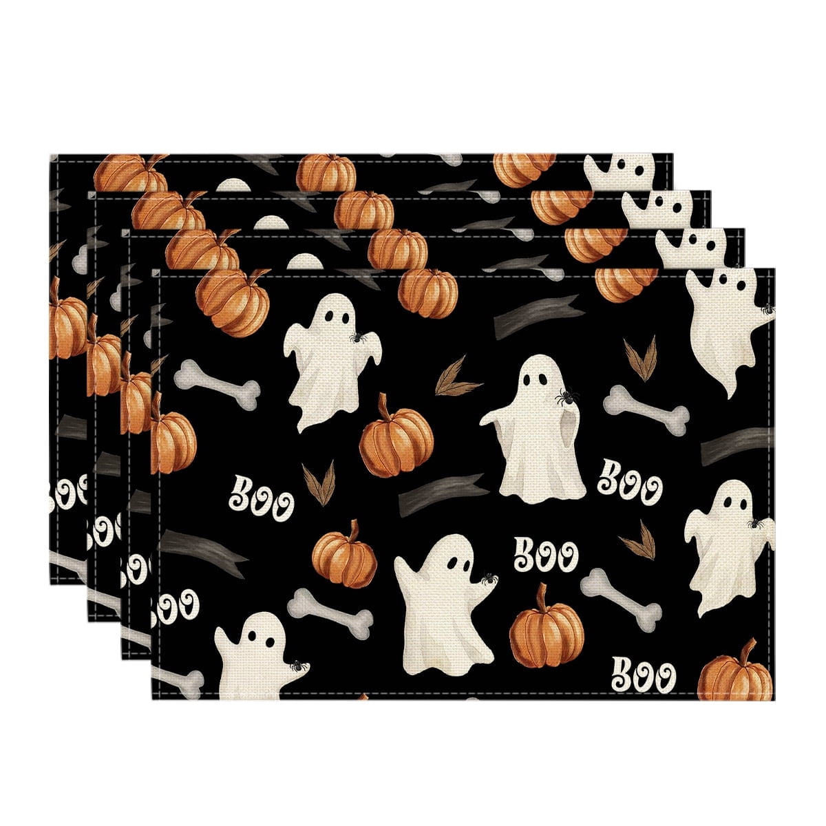 Smile Watercolor Ghost Pumpkin Bone Boo 12x18 Inch Halloween Placemats Set of 4