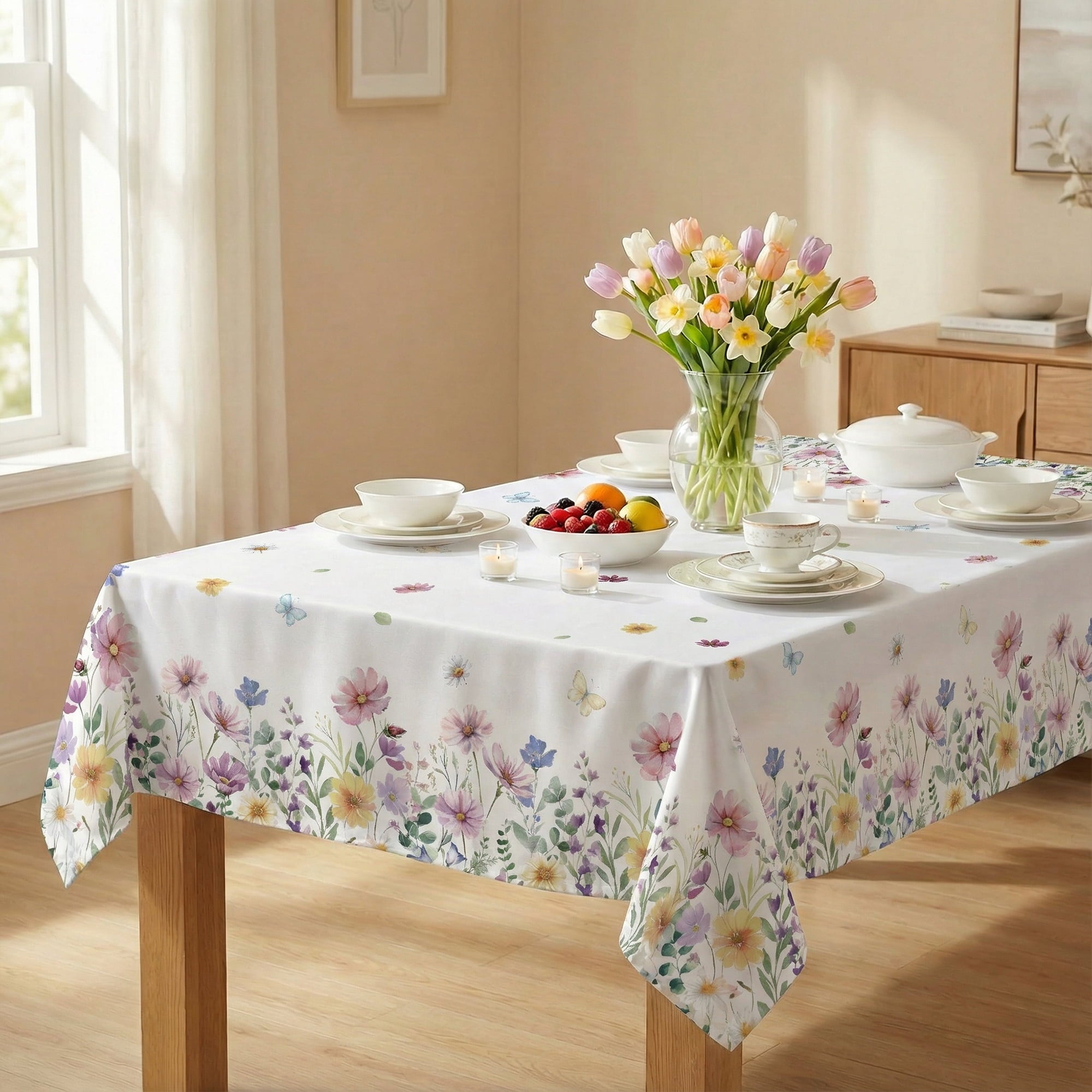 Sm:)e Spring Tablecloth 60x120 Inch, Wildflowers Floral Butterfly Washable Table Cover for Party Picnic Dinner Decor