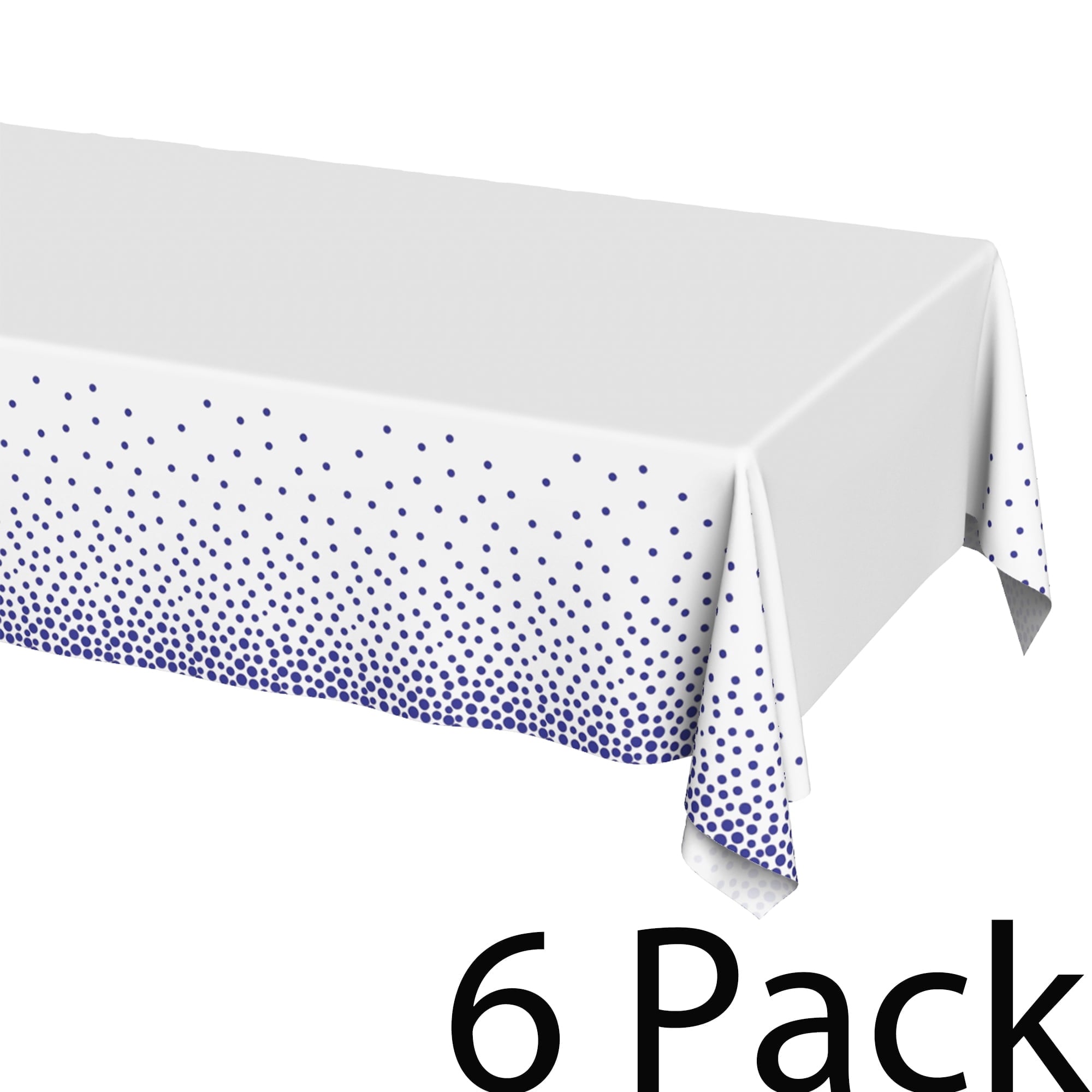 Plastic Table Cloth Disposable 6 Pack, 54 x 108 Inch, White, Blue Dot, for Party Picnic Wedding