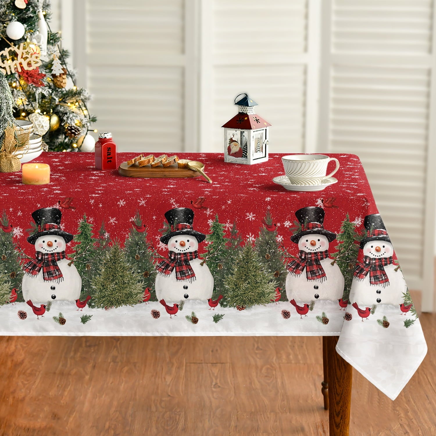 Sm:)e Snowman Cardinals Trees Snowflakes Winter Christmas Tablecloth 60 x 60 Inch Square, Red Xmas Table Decoration