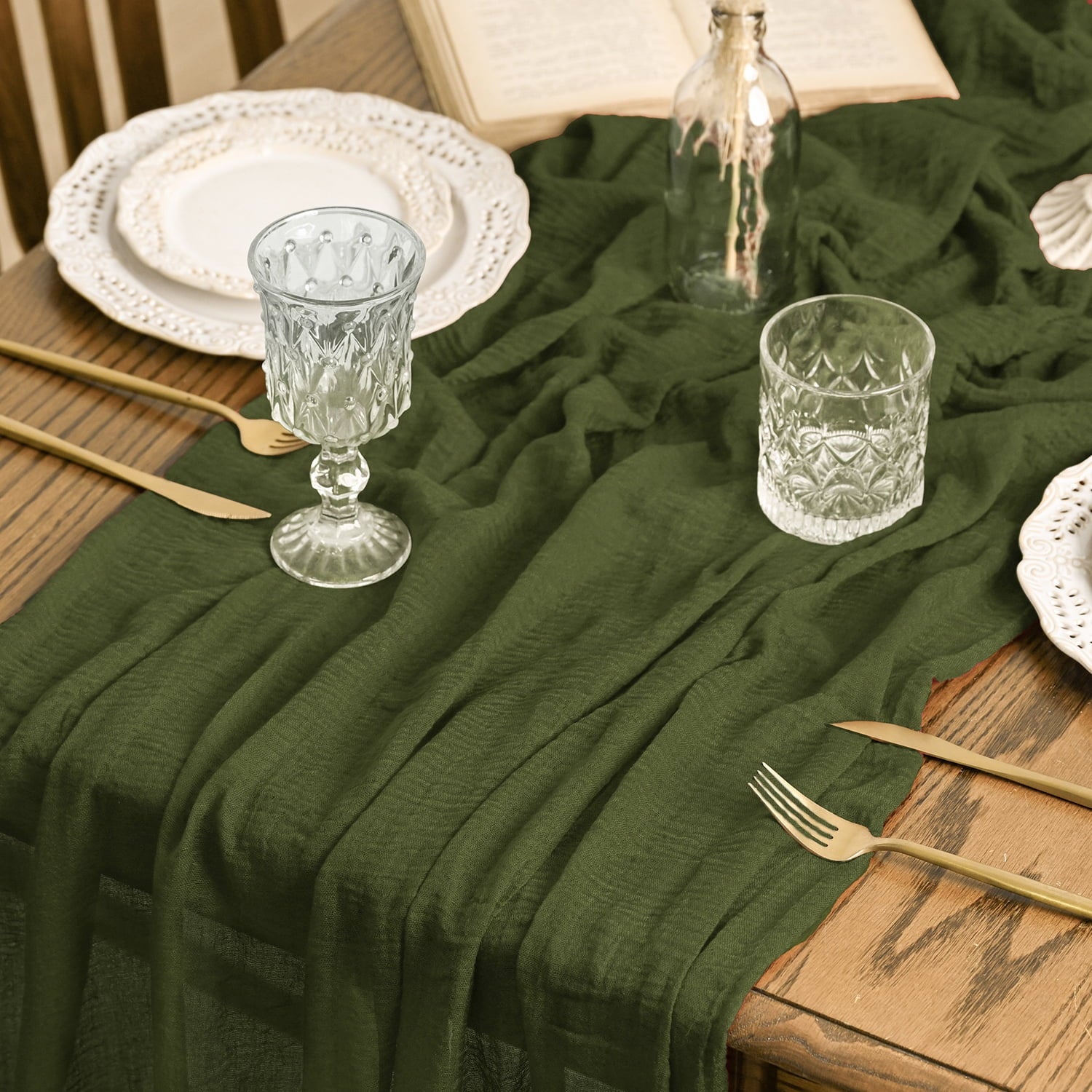 Sm:)e Olive Green Cheesecloth Table Runner 120 Inch Rustic Gauze Boho Chair Sashes for Bridal Shower Wedding Party Catering Home Decoration Supplies