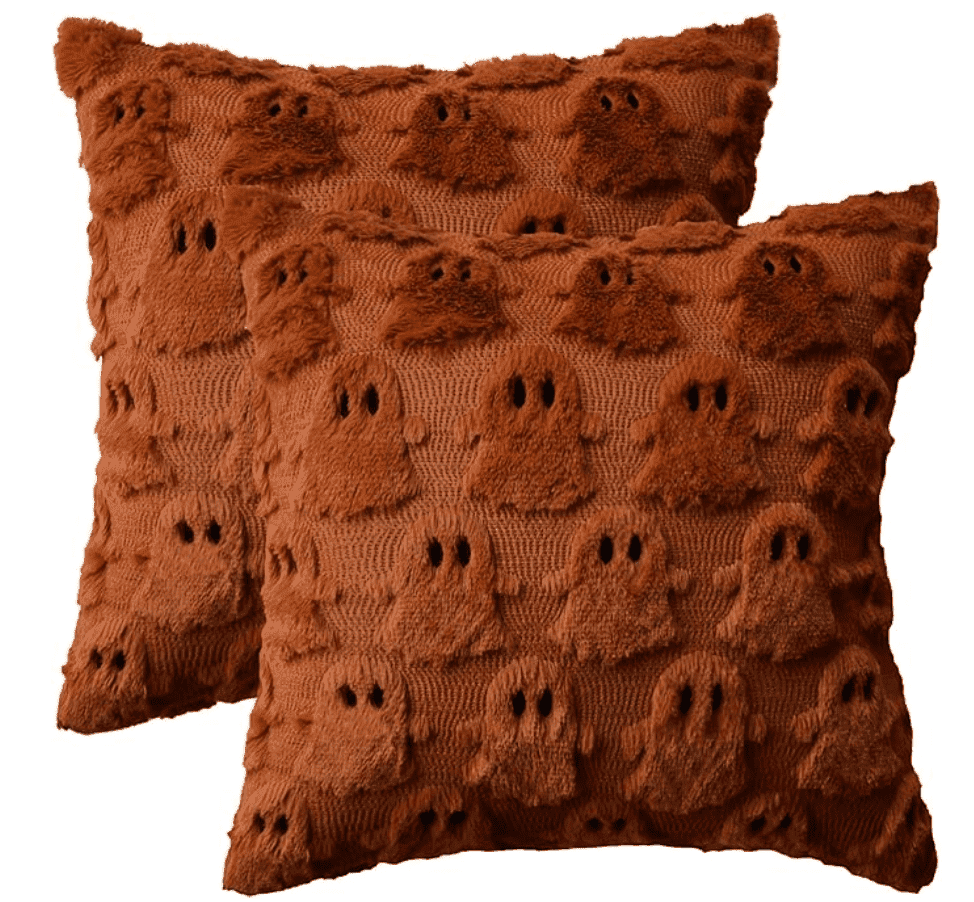 Sm:)e Halloween Ghost Caramel Throw Pillow Cover Set of 2, 18 x 18 Inch Soft Plush Faux Fur Jacquard Spooky Cushion Case Decoration for Sofa Couch