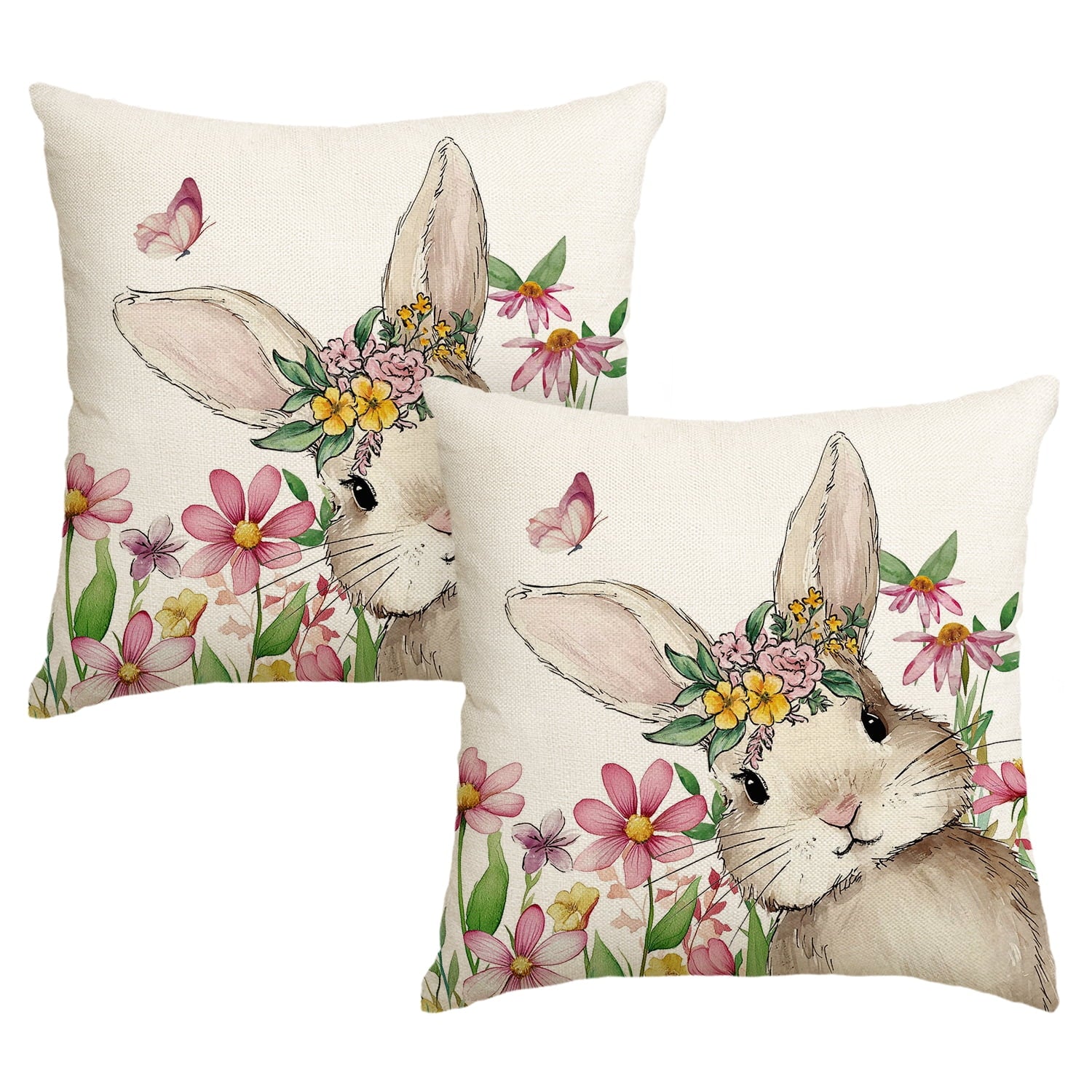 Sm:)e Rabbit Spring Throw Pillow Covers Set of 2, 18x18 Inch Easter Outdoor Cushion Case for Sofa Couch