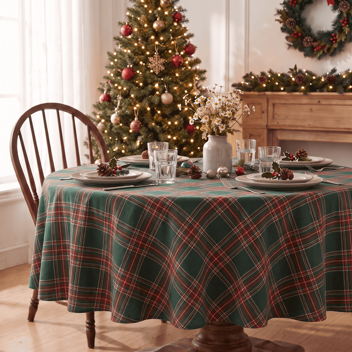 Sm:)e Green Royal Stewart Tartan Plaid Tablecloth, Round 55 Inch, Wrinkle-Resistant & Machine Washable Classic Check Table Cover for Christmas Dinner/Party Decoration/Holiday