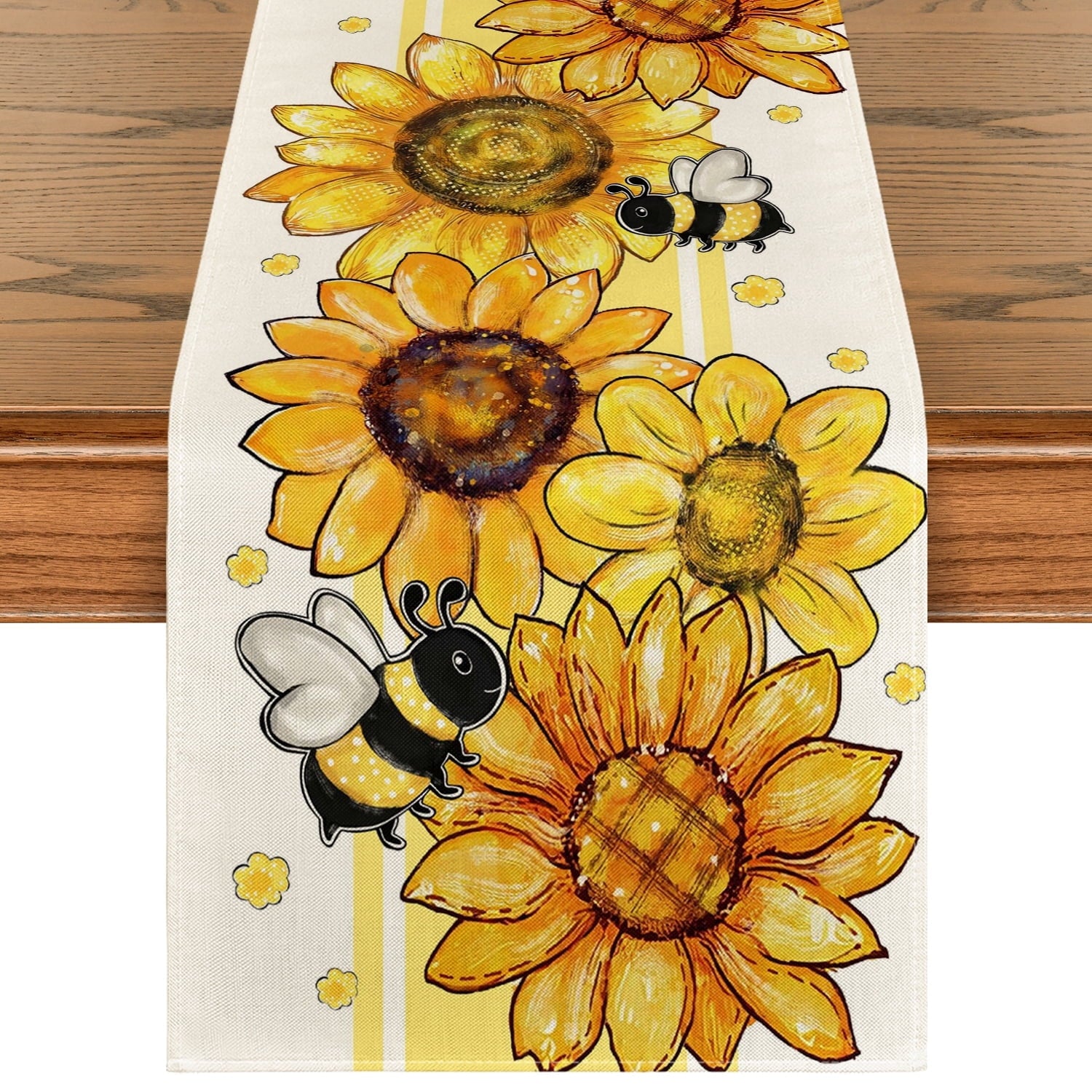 Sm:)e Wooden Style Bee Sunflower Summer Table Runner 13x72 Inch
