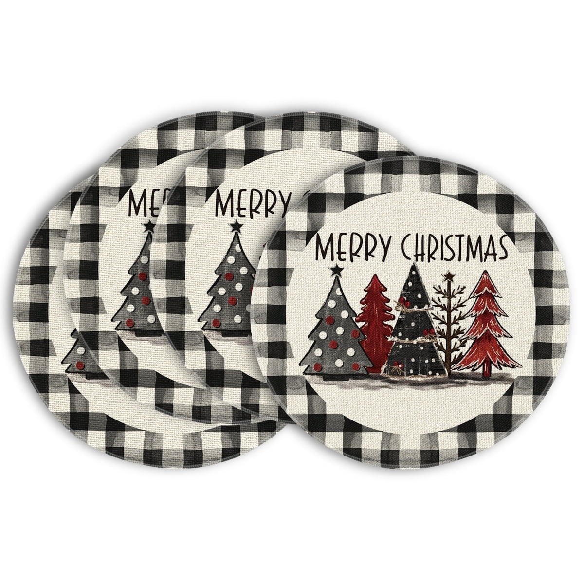 Smile Buffalo Plaid Christmas Trees Winter Placemats Set of 4 Round 15 Inch