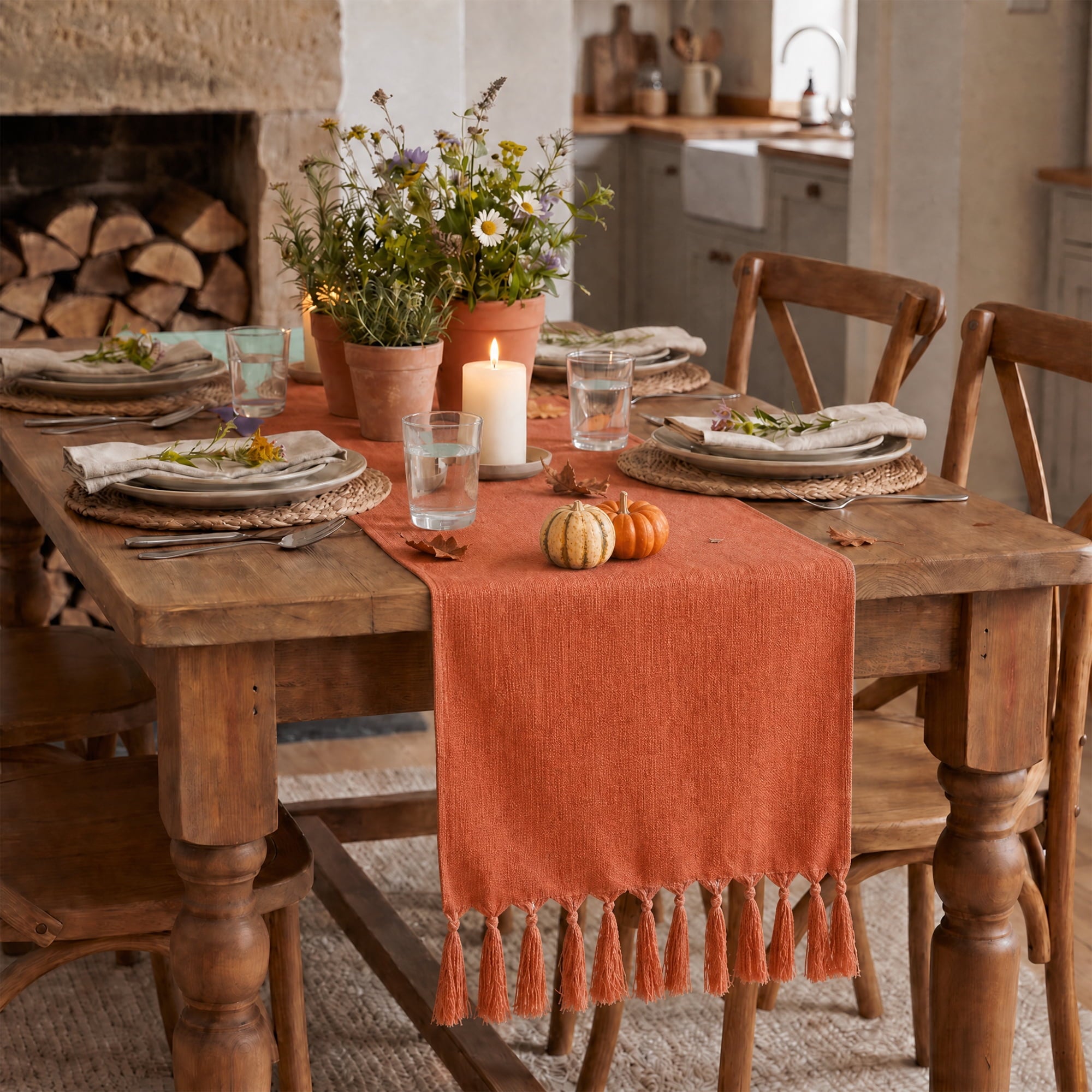 Sm:)e Terracotta Orange Tassel Table Runner, 13x36 Inch, Boho Linen Blend Rustic Farmhouse Style, Holiday Wedding Party Kitchen Table Decor