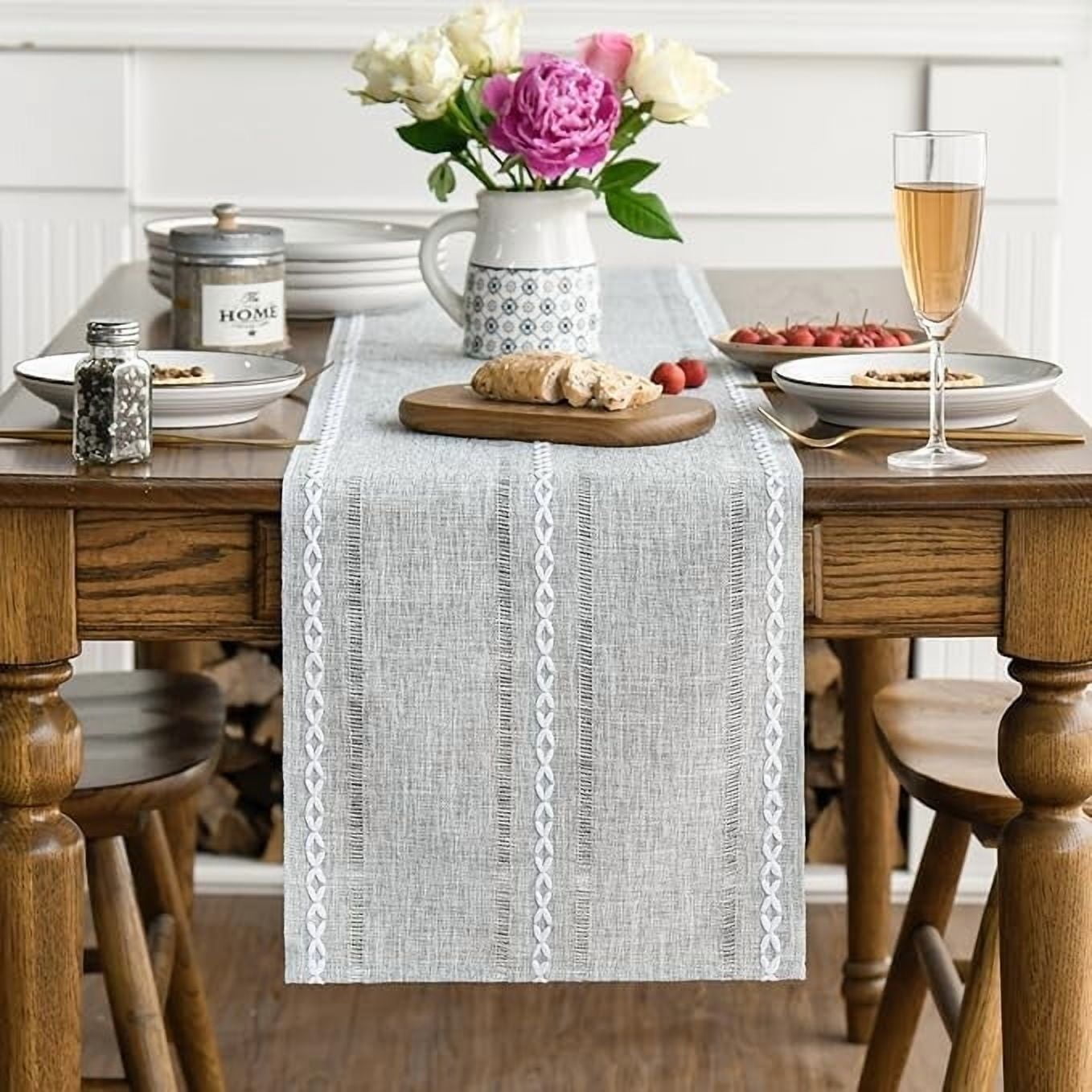 Sm:)e Linen Table Runner for Dining Table 13 x 120 Inch Light Gray Burlap Linen Style Rustic Farmhouse Kitchen Dining Room Decoraton