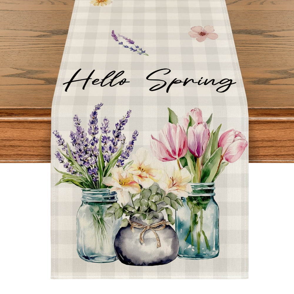 Sm:)e Buffalo Plaid Lavender Vase Hello Spring Table Runner for Dining Table 13 x 120 Inch