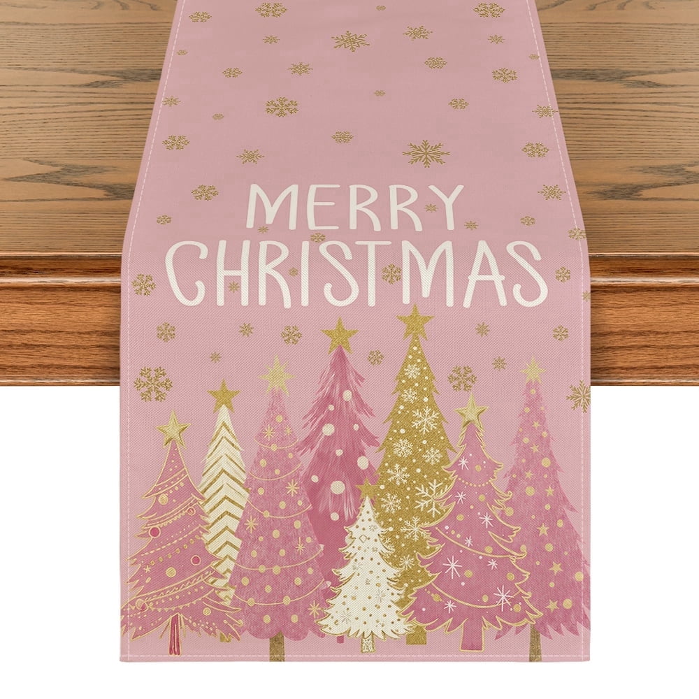 Sm:)e Black Red White Tree & Snowflake Pattern Pink Christmas Table Runner , 13 x 72 Inches Farmhouse Table Decor, Universal for Indoor Outdoor Kitchen, Home & Party Decoration