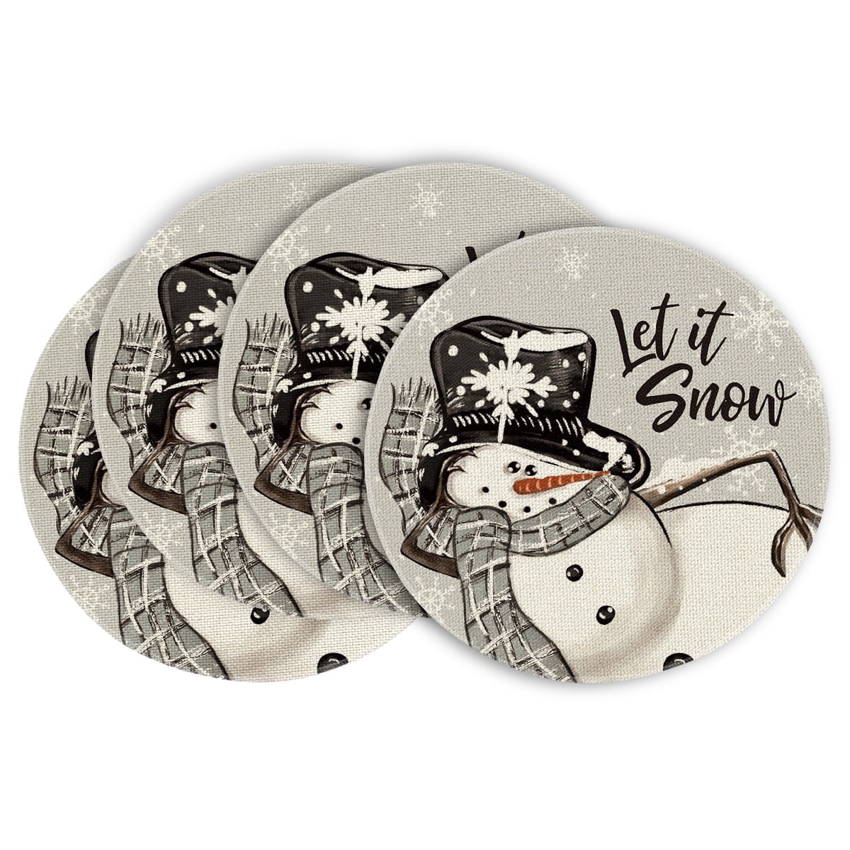 Smile Grey Snowman Snowflake Let it Snow Christmas Placemats Set of 4, 15 Inch Seasonal Winter Xmas Round Table Mats for Dining Decoration