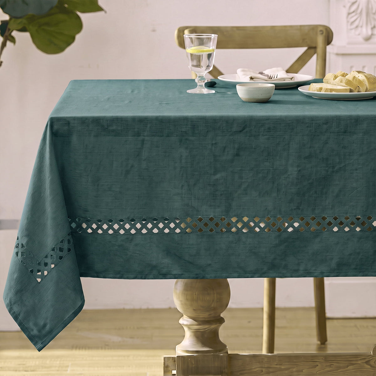 Sm:)e Fabric Openwork Farmhouse Style Linen Tablecloth, Rectangle 52 x 70Inch, with Decorative Cutouts, Green