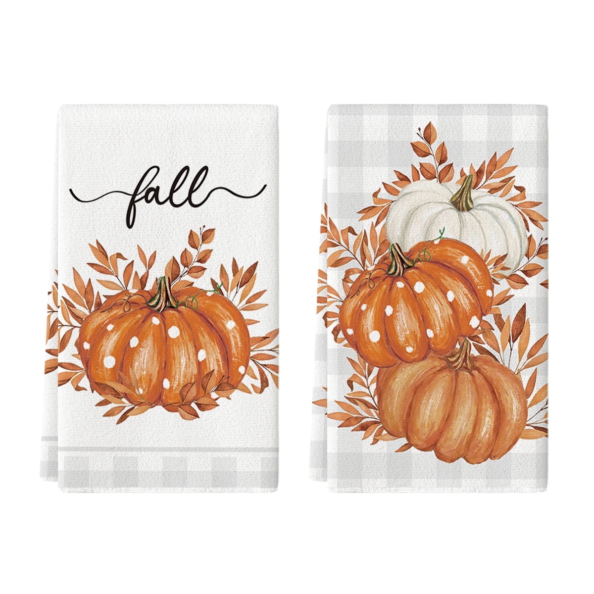 Sm:)e Orange Pumpkin Buffalo Plaid Fall Thanksgiving Kitchen Dish Towels 18x26 Inch Set of 2