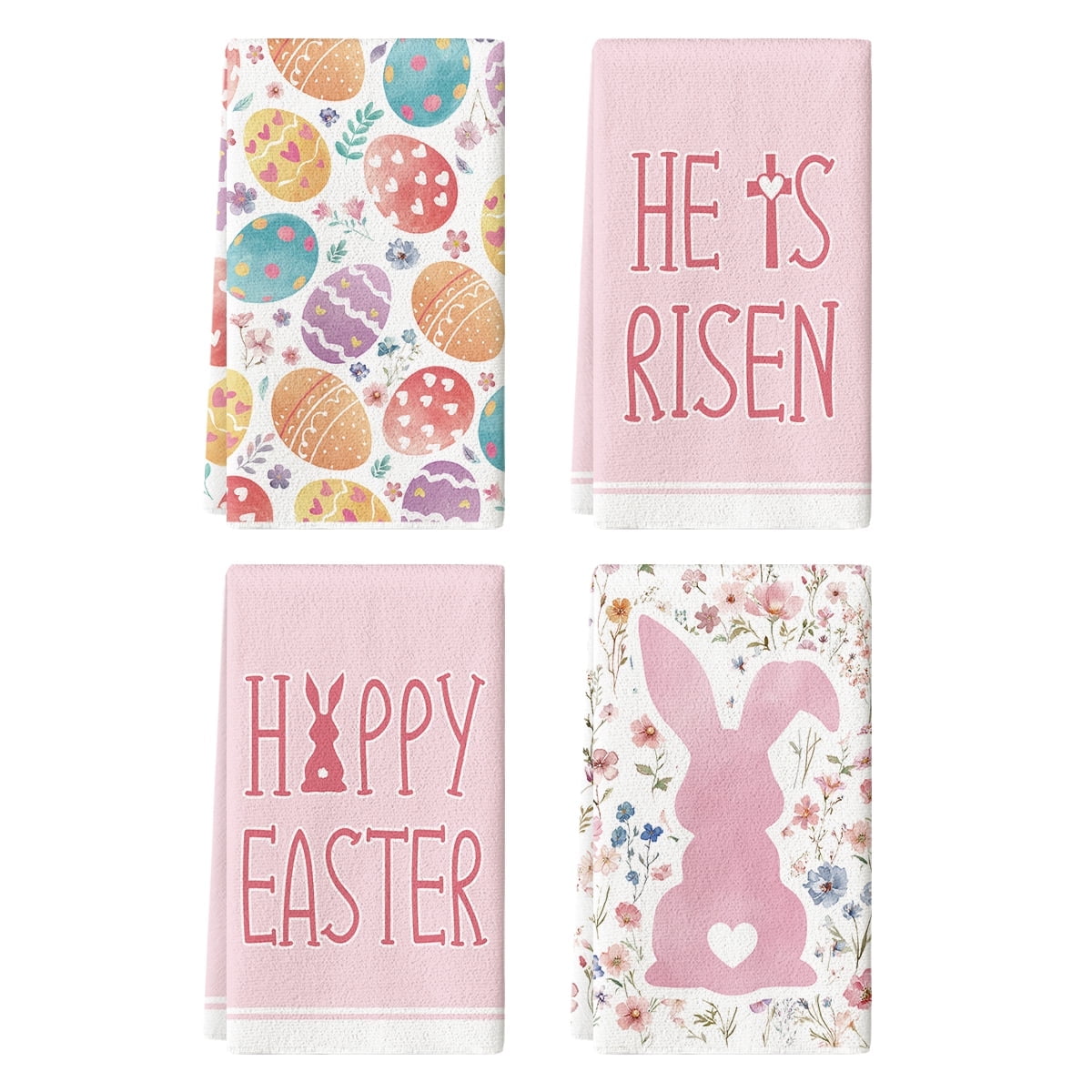 Sm:)e Eggs He is Risen Bunny Happy Easter Kitchen Dish Towels 18x26 Inch Set of 4 Pink