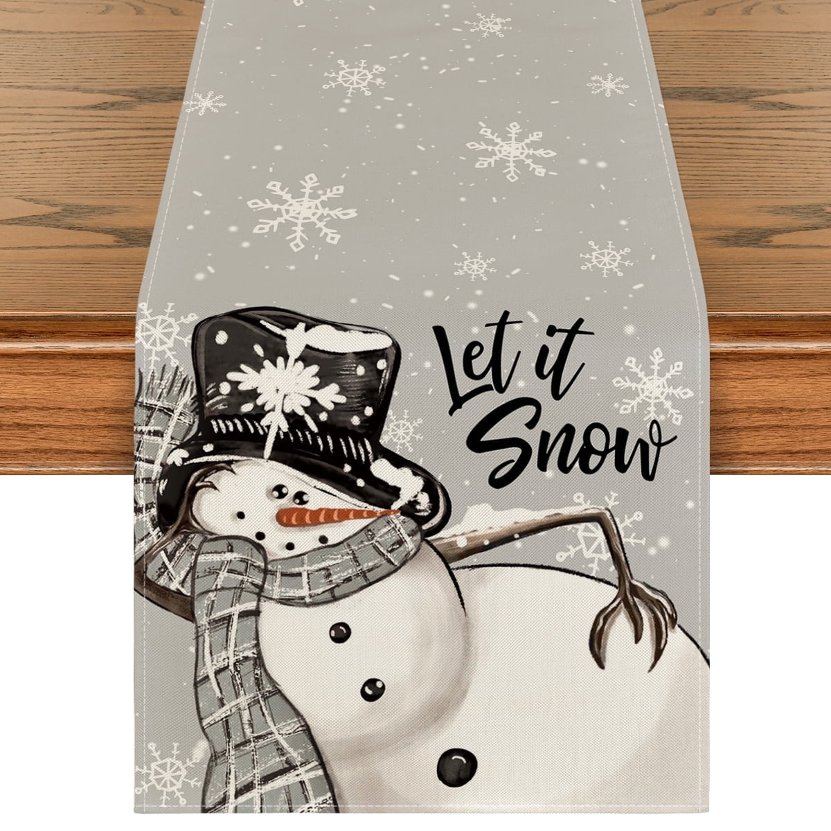 Smile Grey Snowman Snowflake Let it Snow Christmas Table Runner, Seasonal Winter Kitchen Dining Table Decor for Home Party Indoor 13x108 Inch