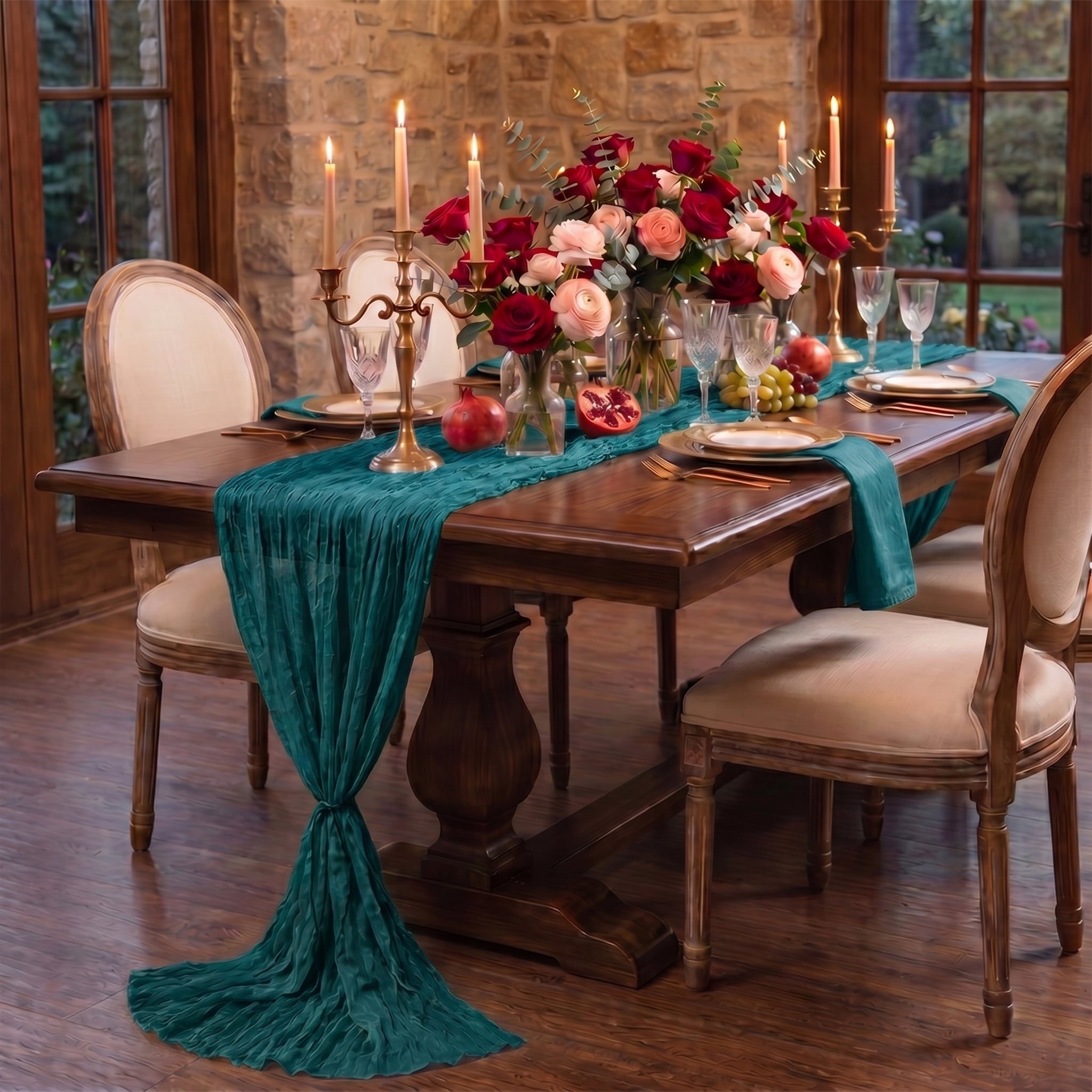 Sm:)e Boho Teal Blue Gauze Cheesecloth Table Runner 35x120 Inch, Multi-Purpose Decor for Kitchen Dining Wedding Holiday Party
