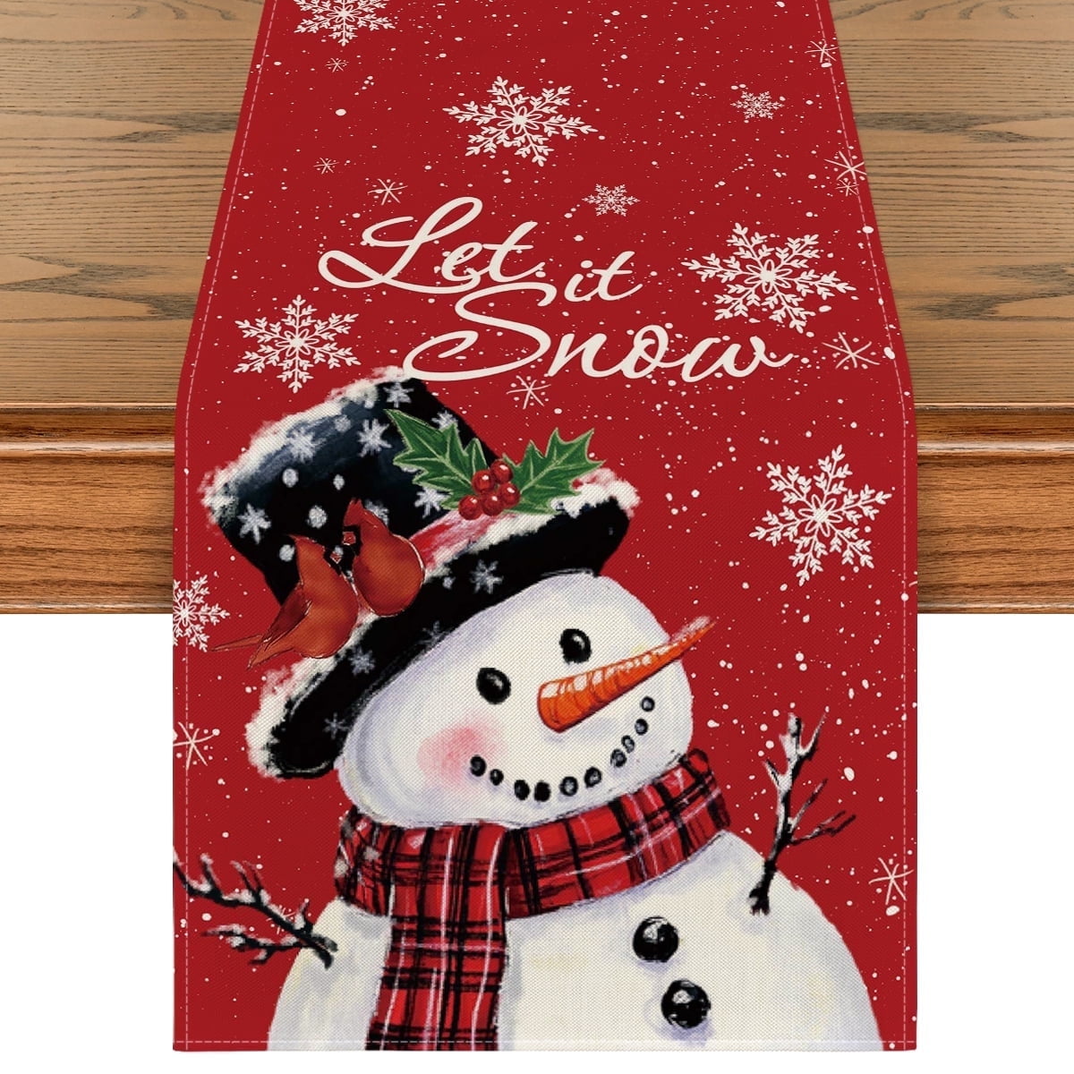 Sm:)e Snowman Let It Snow Christmas Winter Red Table Runner 13 x 60 Inch