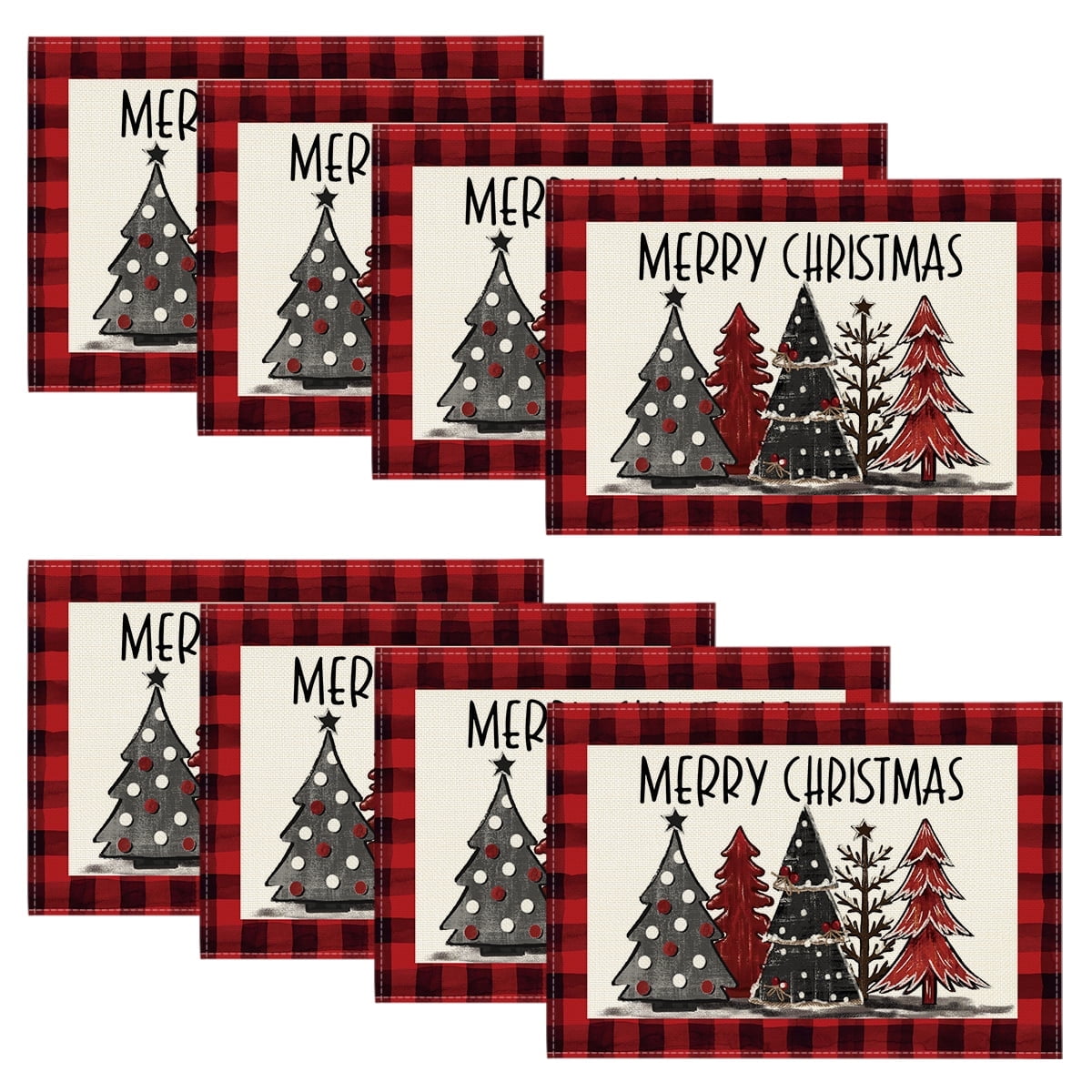 Smile Red and Black Buffalo Plaid Christmas Trees Placemats Set of 8, 12 x 18 Inch