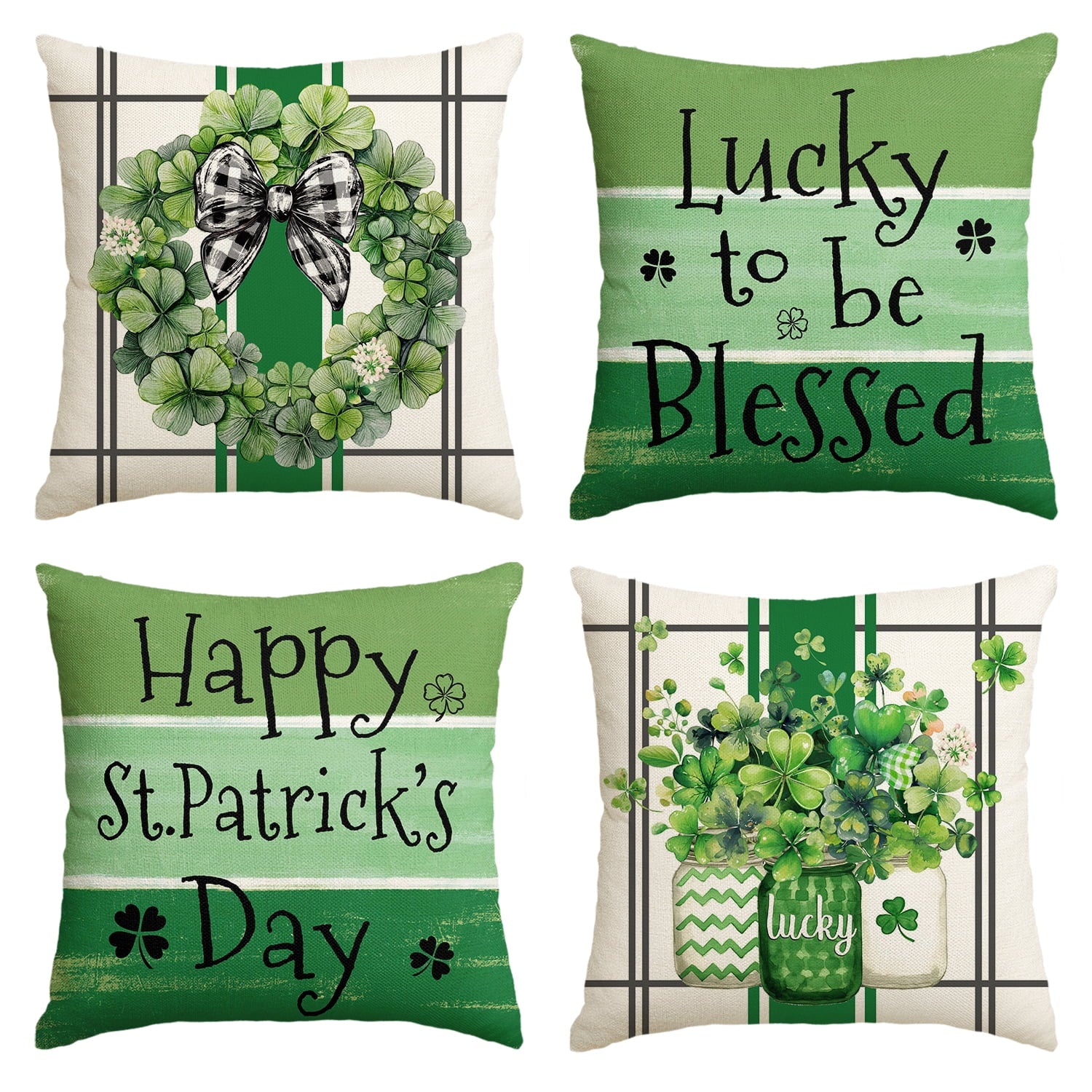 Sm:)e Saint Patricks Day Pillow Covers Set of 4, 18x18Inch Shamrock Wreath Blessed Watercolor Outdoor Cushion Case for Sofa Couch