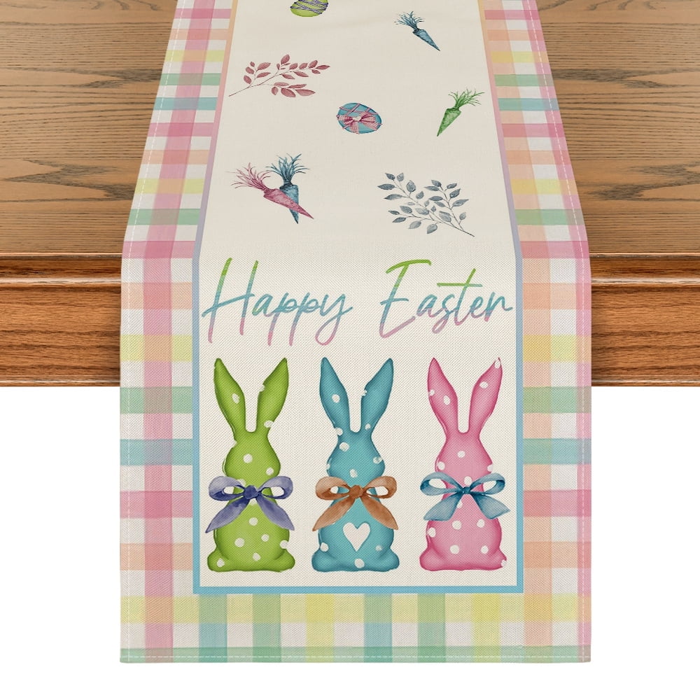 Sm:)e Buffalo Plaid Bunny Happy Easter Table Runner 13x72 Inch
