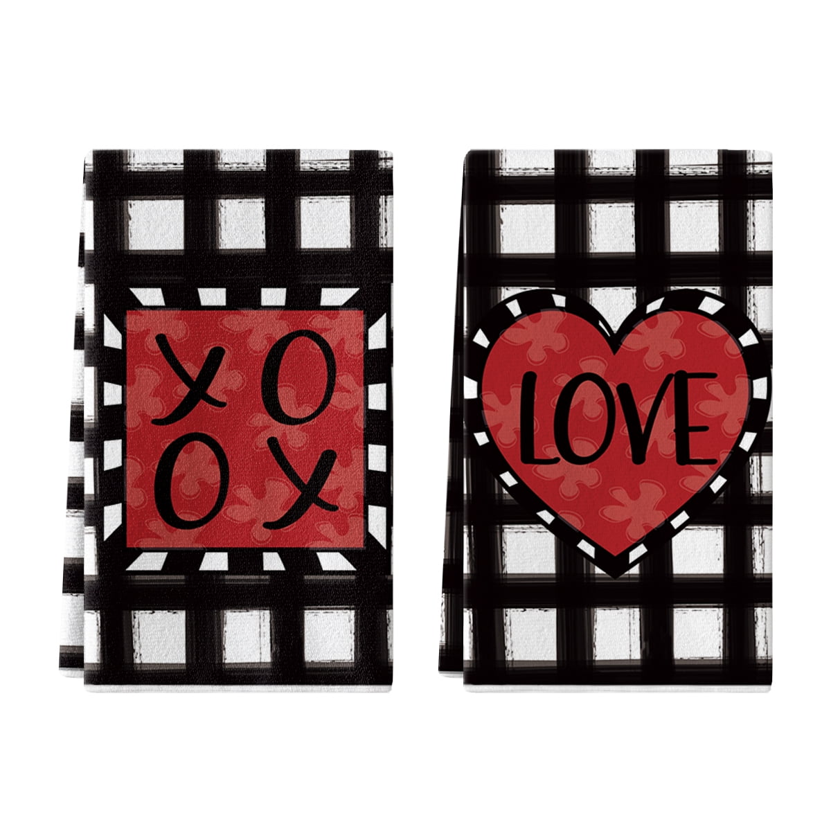 Sm:)e XOXO Valentine Kitchen Dish Towels Buffalo Plaid Set of 2, 18 x 26 Inch