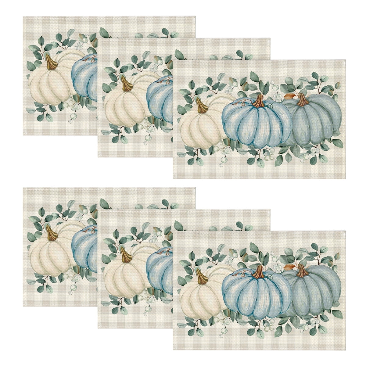 Smile Blue Pumpkins Eucalyptus Leaves Fall Thanksgiving Table Placemat 6 Set 12 x 18